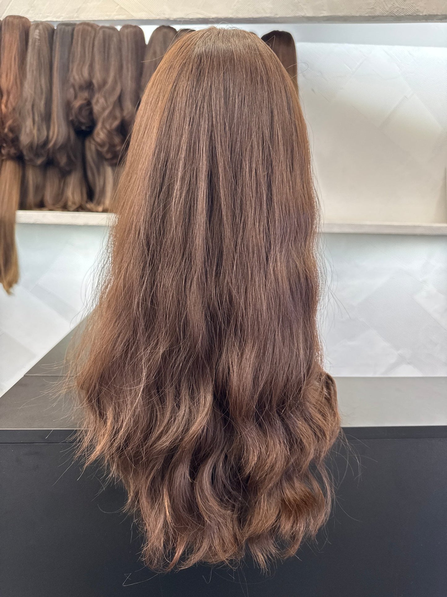 24" Human Hair Silk Top Wig | Chestnut Brown | Medium Cap | Wavy Human Hair Silk Top Wig | Tallie Wigs Los Angeles