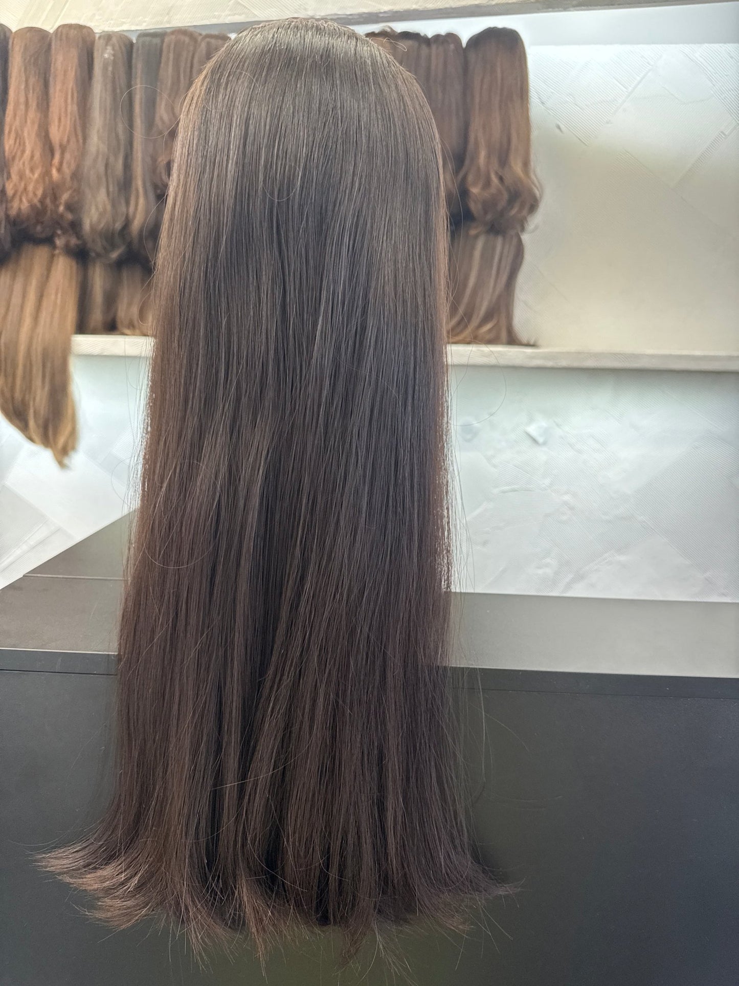 Dark Brown Human Hair Hat Fall, 24 Inch | Straight, Medium Cap Human Hair Hat Fall Wig | Tallie Wigs Los Angeles