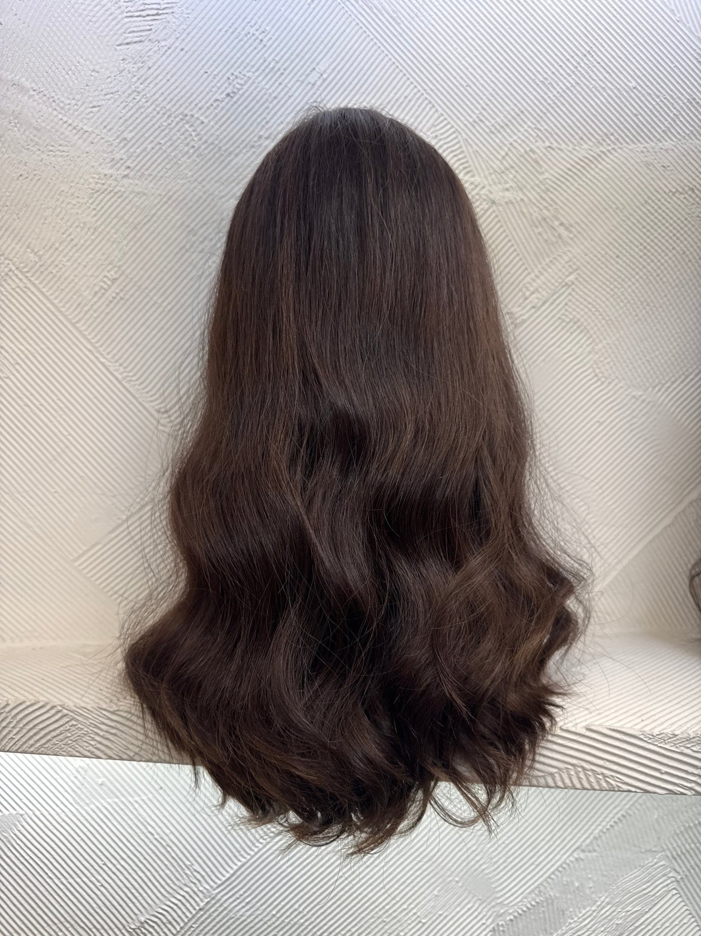 20" Human Hair Lace Top Wig | Dark Brown + Chestnut Brown | Medium Cap | Wavy Human Hair Lace Top Wig | Tallie Wigs Los Angeles