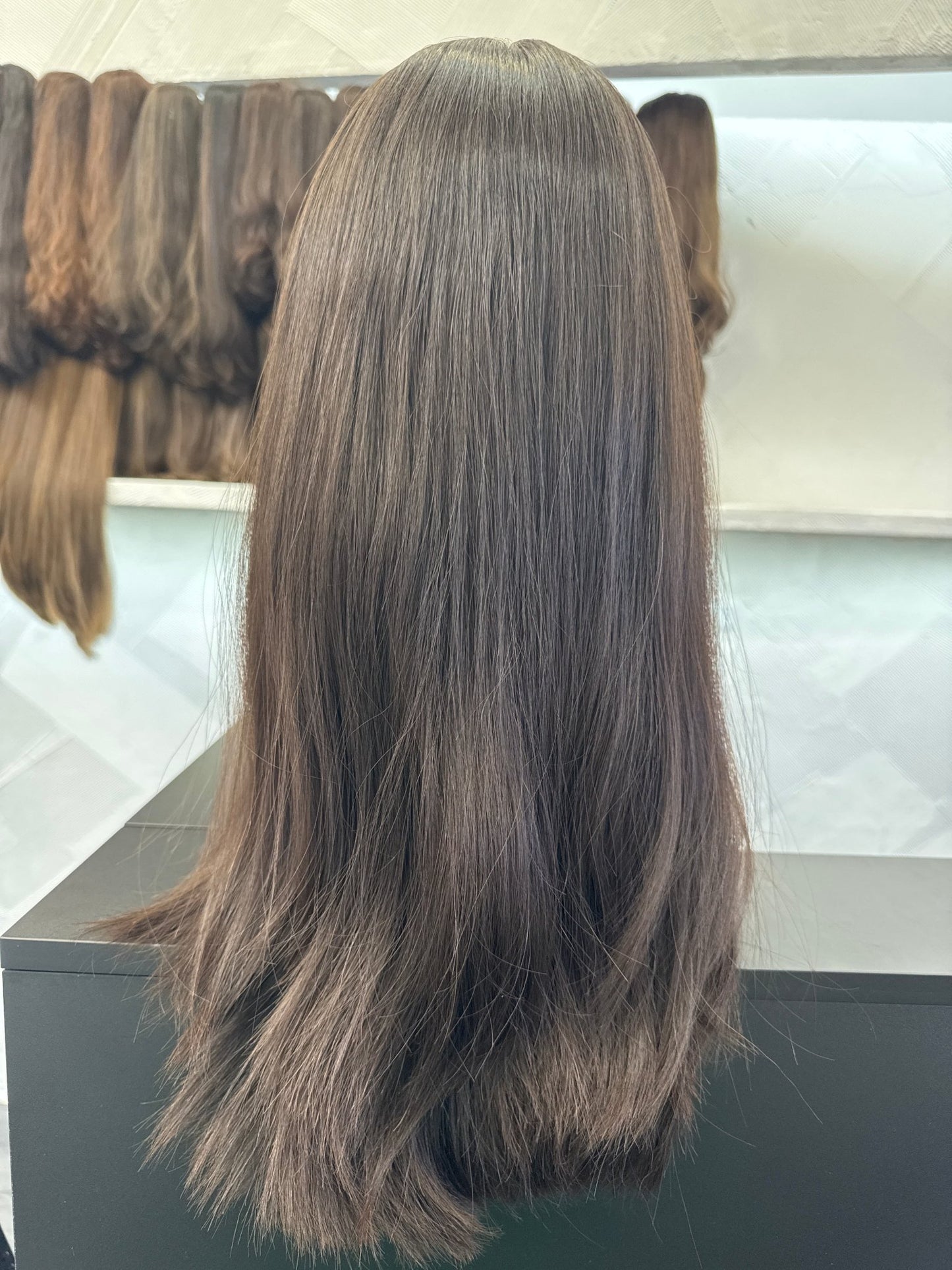 Dark Brown Silk Top Wig, 23 Inch | Straight, Medium Cap Human Hair Silk Top Wig | Tallie Wigs Los Angeles