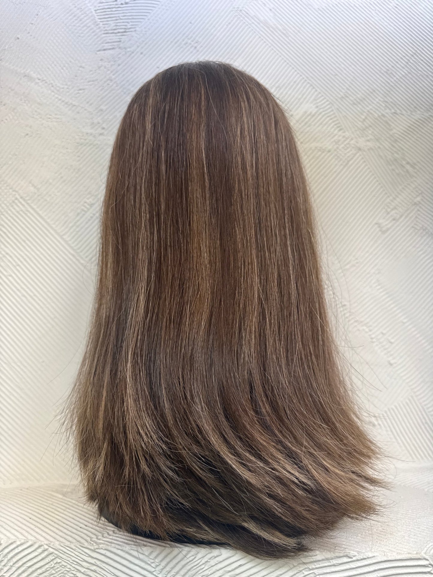 17" Human Hair Lace Top Wig | Medium Brown + Dark Blonde Brown + Light Golden Brown | Medium Cap | Straight Human Hair Lace Top Wig | Tallie Wigs Los Angeles