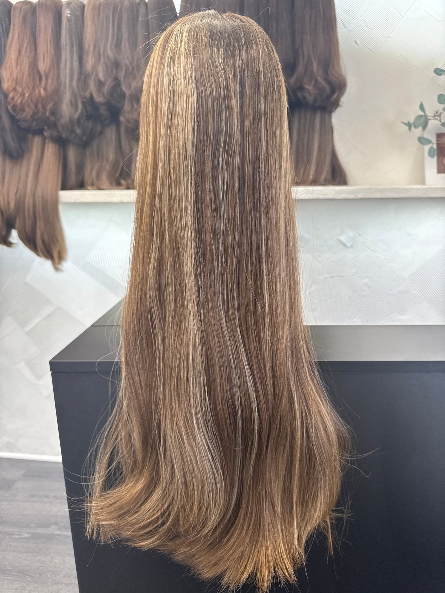 28" Human Hair Lace Top Wig | Chestnut Brown + Light Brown + Light Ash Blonde | Medium Cap | Straight Human Hair Lace Top Wig | Tallie Wigs Los Angeles
