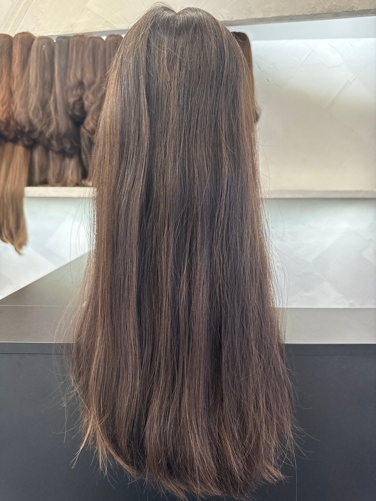 Dark Brown & Medium Blonde Brown Lace Top Wig, 24 Inch | Straight, Medium Cap Human Hair Lace Top Wig | Tallie Wigs Los Angeles