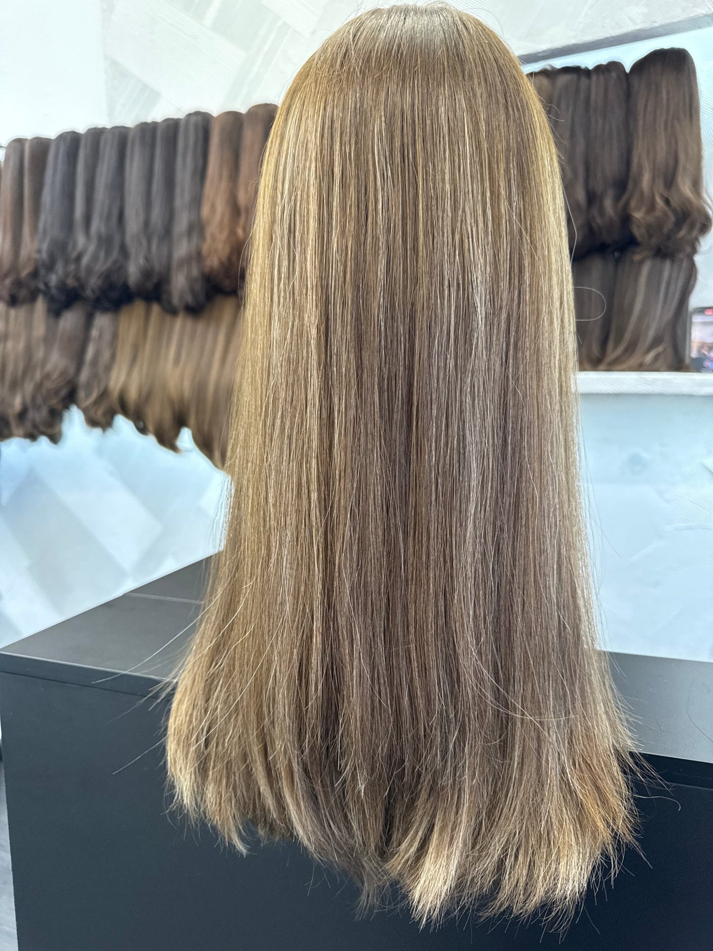 20" Human Hair Lace Top Wig | Chestnut Brown + Light Brown + Light Ash Blonde | Large Cap | Straight Human Hair Lace Top Wig | Tallie Wigs Los Angeles