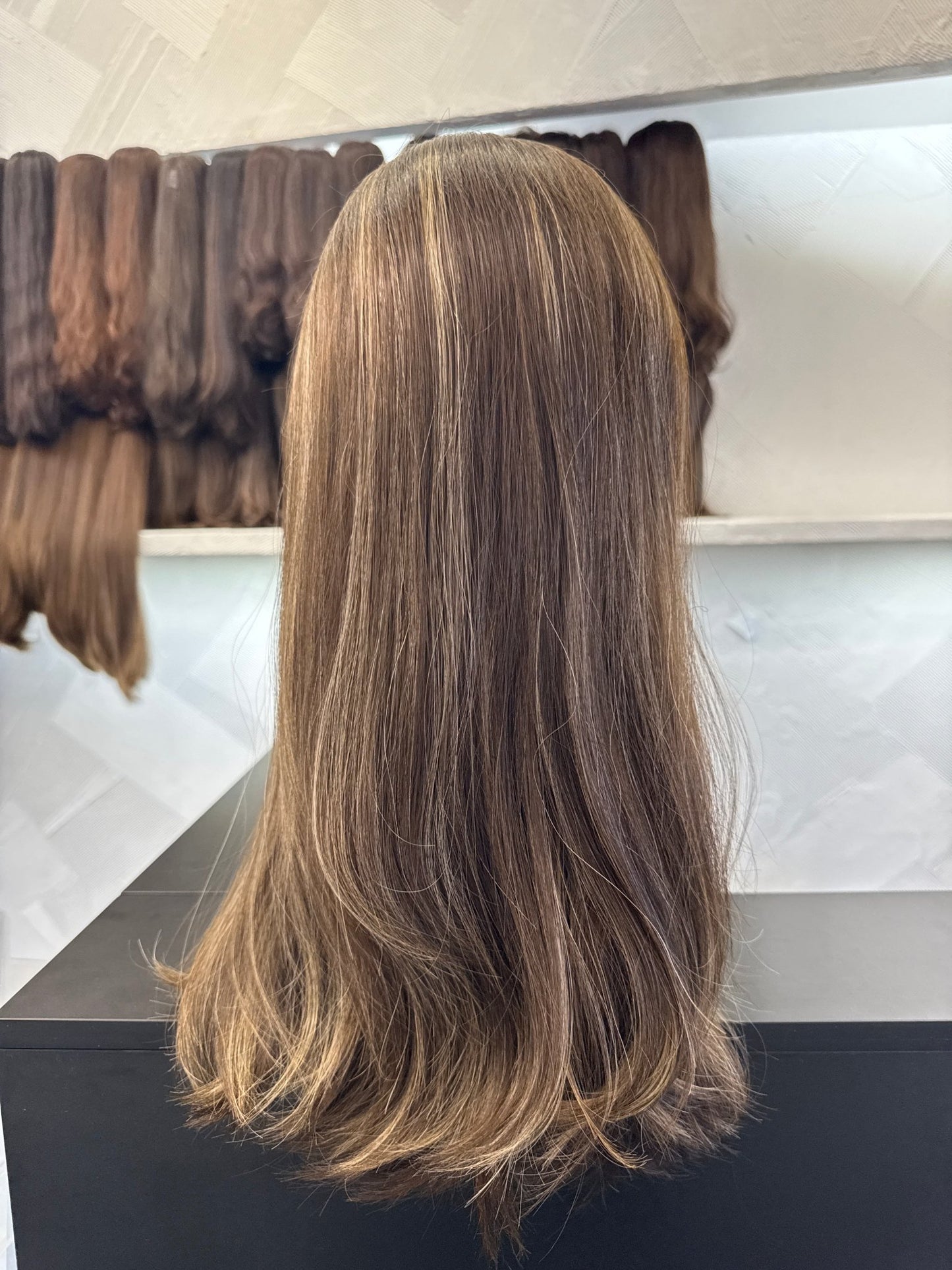 20" Human Hair Lace Top Wig | Dark Brown + Chestnut Brown + Golden Blonde | Medium Cap | Straight Human Hair Lace Top Wig | Tallie Wigs Los Angeles