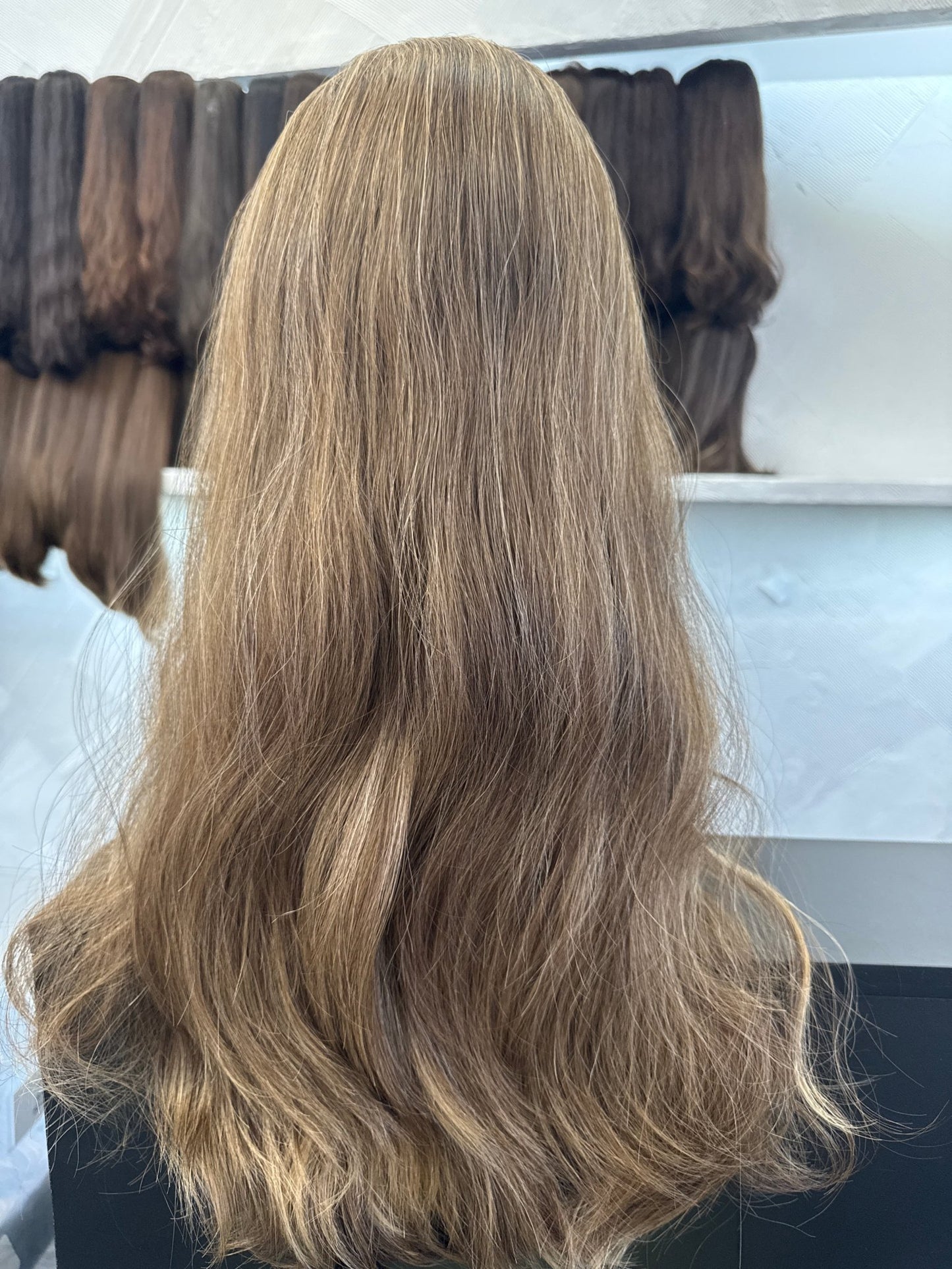 Medium Blonde Brown & Golden Blonde Human Hair Band Fall, 24 Inch | Wavy, Large Cap Human Hair Band Fall Wig | Tallie Wigs Los Angeles