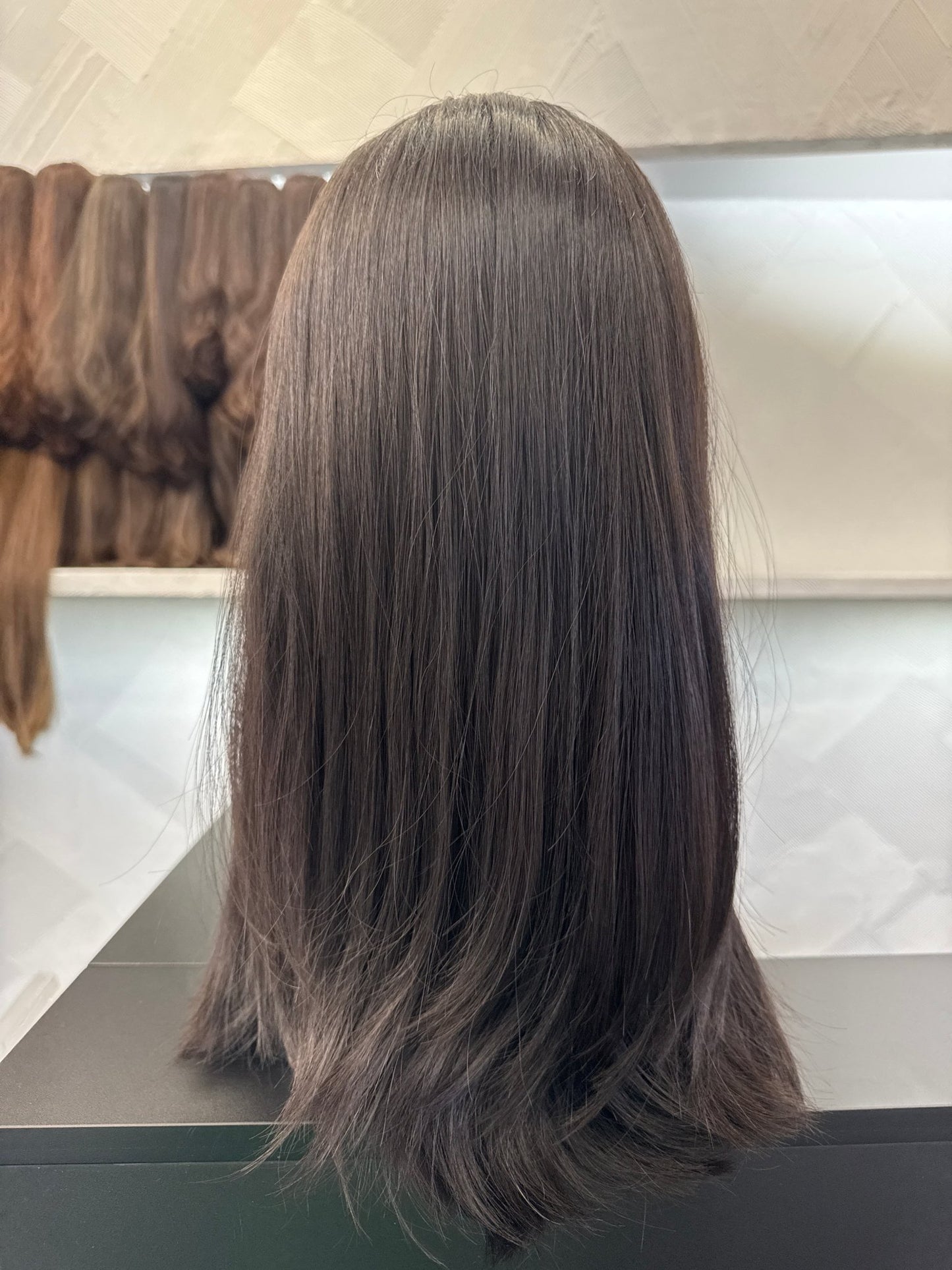 17" Human Hair Lace Top Wig | Dark Brown | Medium Cap | Straight Human Hair Lace Top Wig | Tallie Wigs Los Angeles