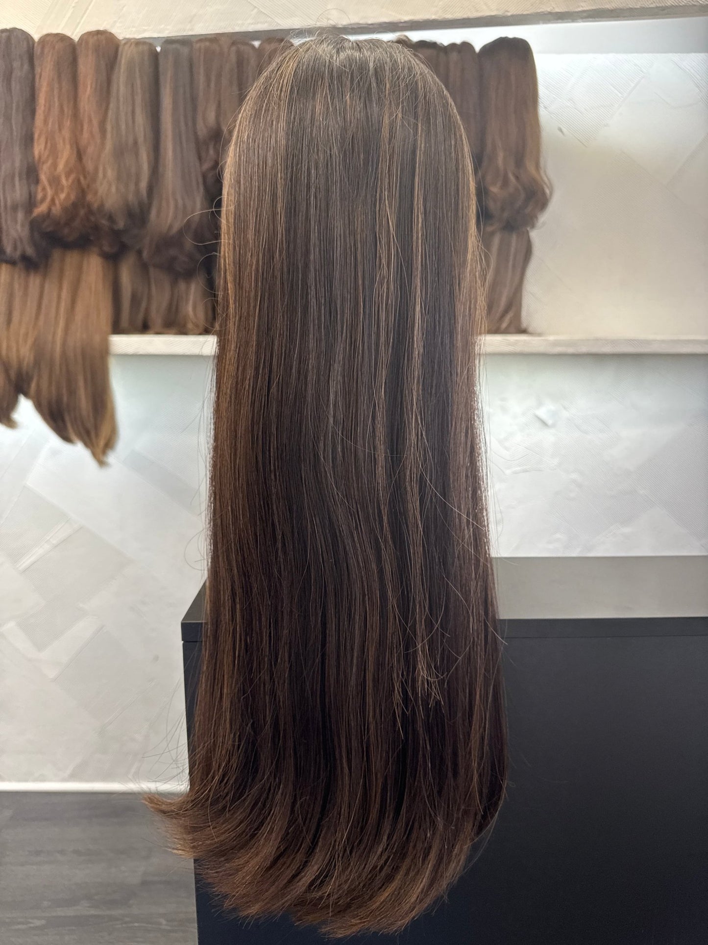 26" Human Hair Lace Top Wig | Dark Brown + Medium Blonde Brown | Medium Cap | Straight Human Hair Lace Top Wig | Tallie Wigs Los Angeles