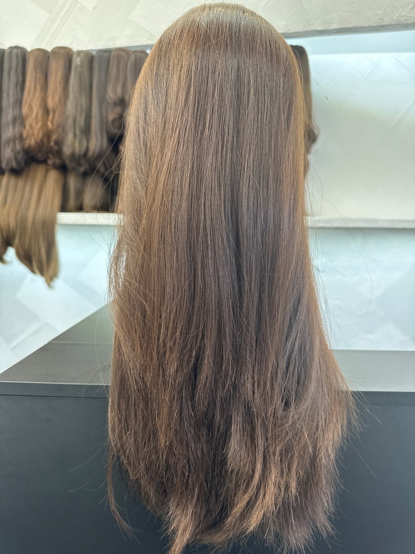 27" Human Hair Silk Top Wig | Chestnut Brown + Medium Blonde Brown + Light Brown | Medium Cap | Straight Human Hair Silk Top Wig | Tallie Wigs Los Angeles