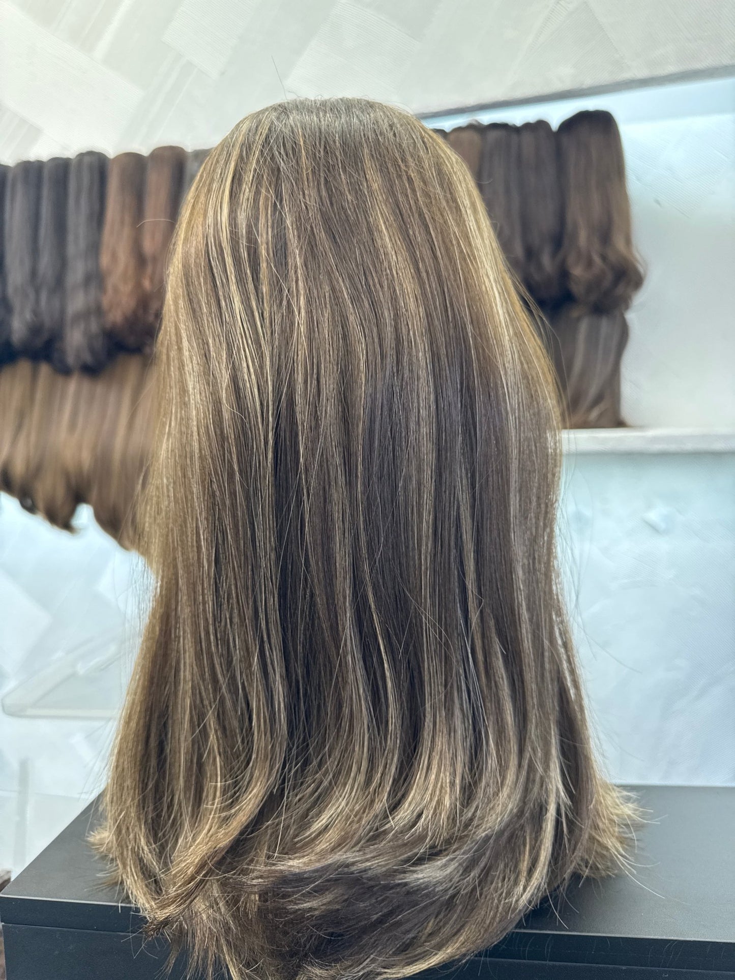 18" Human Hair Lace Top Wig | Dark Brown + Chestnut Brown + Golden Blonde | Medium Cap | Straight Human Hair Lace Top Wig | Tallie Wigs Los Angeles