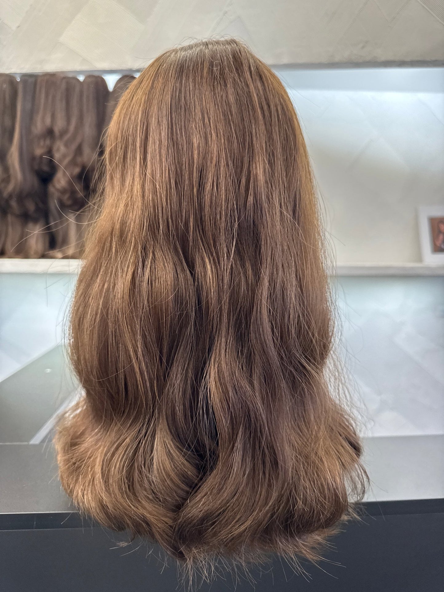 18" Human Hair Lace Top Wig | Medium Brown + Medium Blonde Brown | Medium Cap | Wavy Human Hair Lace Top Wig | Tallie Wigs Los Angeles