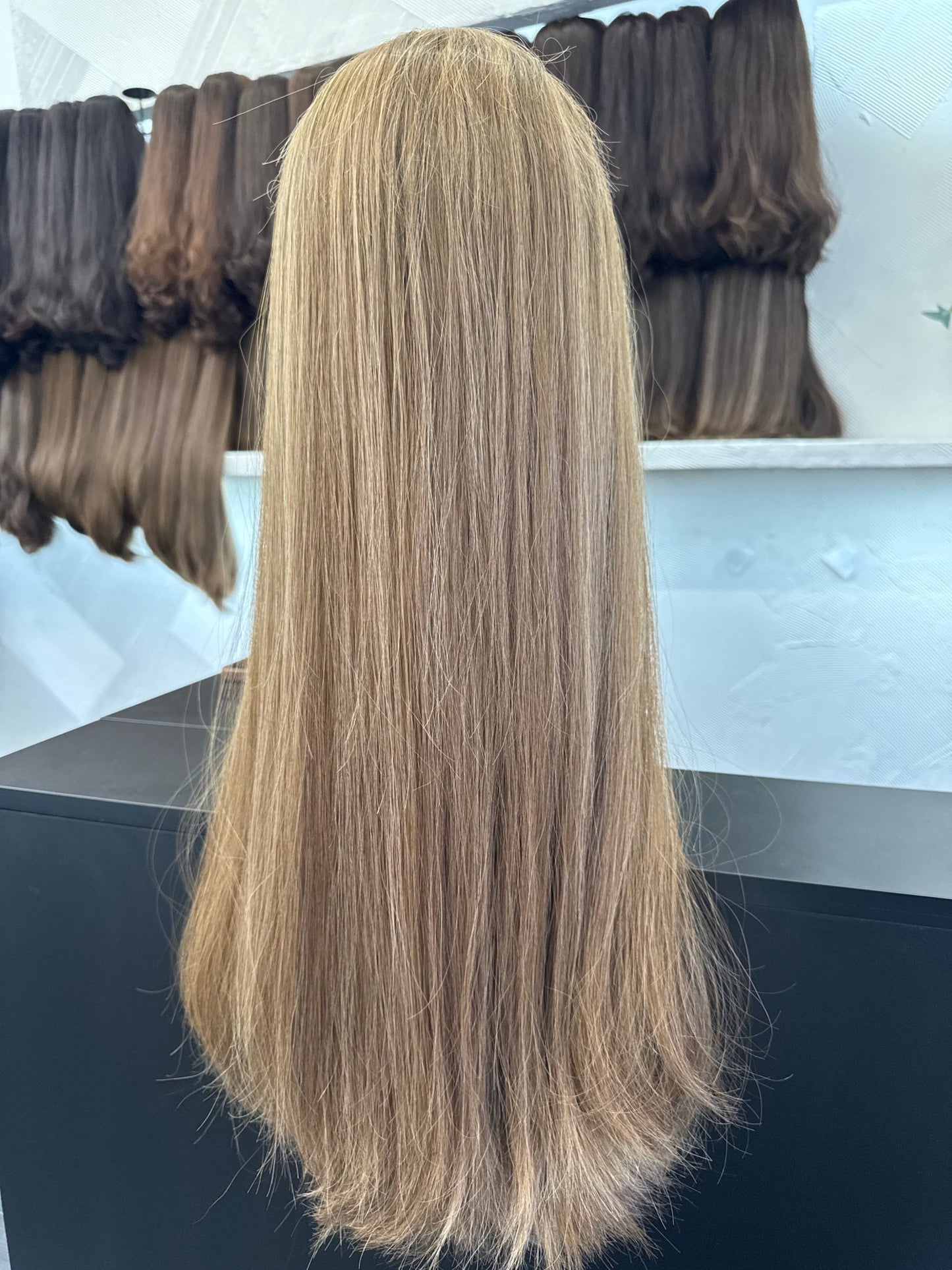 25" Human Hair Lace Top Wig | Medium Blonde Brown + Light Golden Brown + Light Ash Blonde | Medium Cap | Straight Human Hair Lace Top Wig | Tallie Wigs Los Angeles