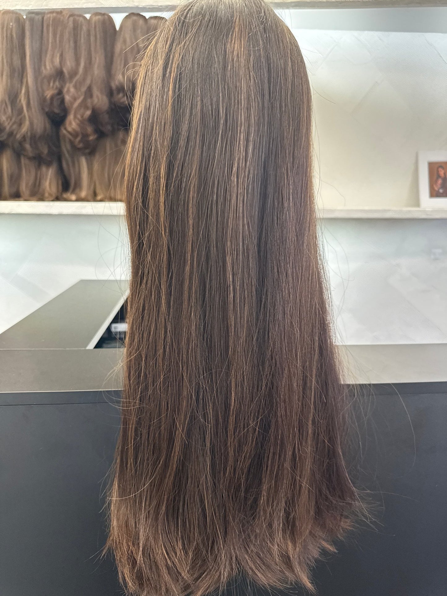 26" Human Hair Lace Top Wig | Dark Brown + Medium Blonde Brown | Large Cap | Straight Human Hair Lace Top Wig | Tallie Wigs Los Angeles