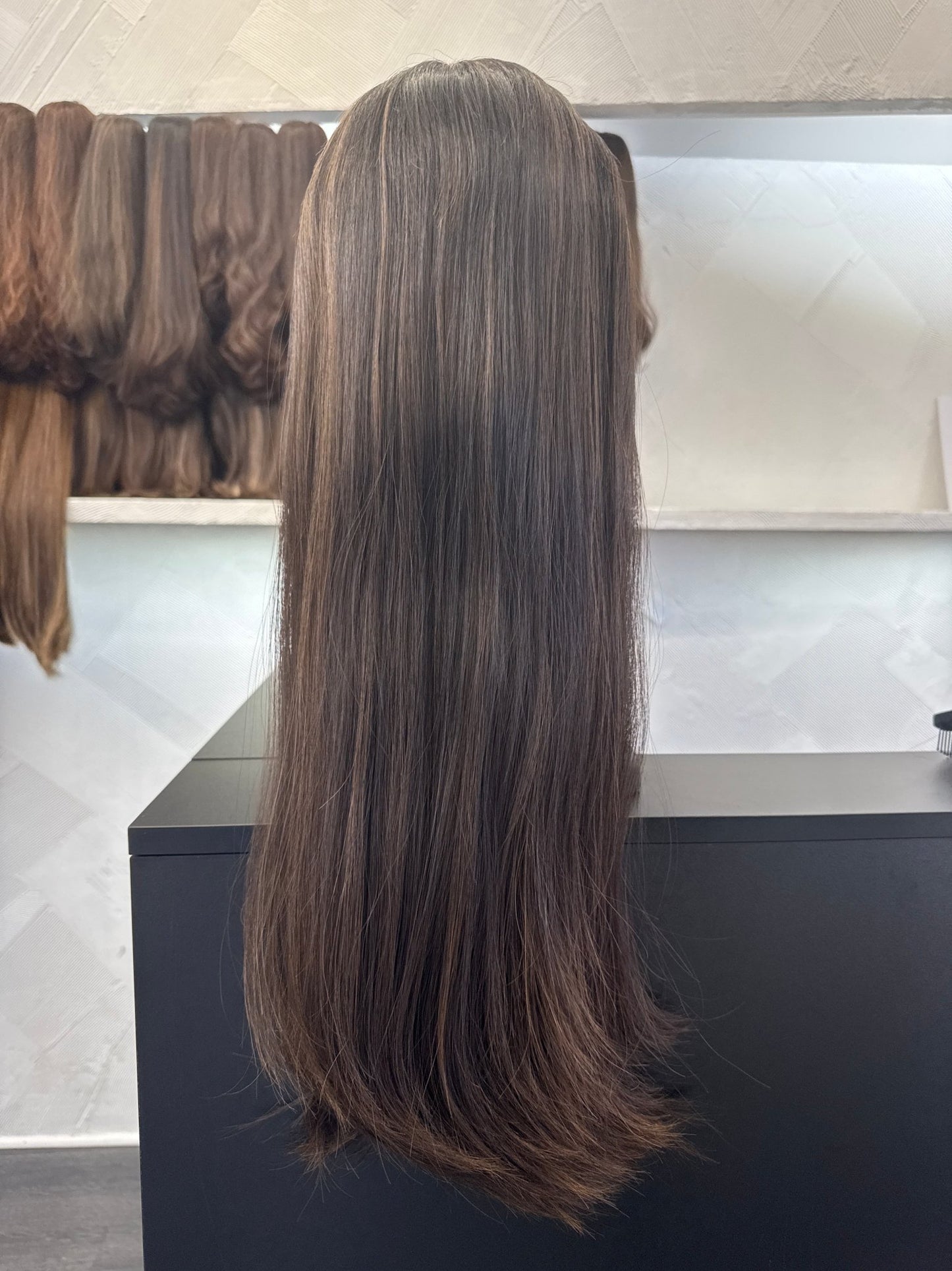 24" Human Hair Lace Top Wig | Dark Brown + Medium Blonde Brown | Large Cap | Straight Human Hair Lace Top Wig | Tallie Wigs Los Angeles