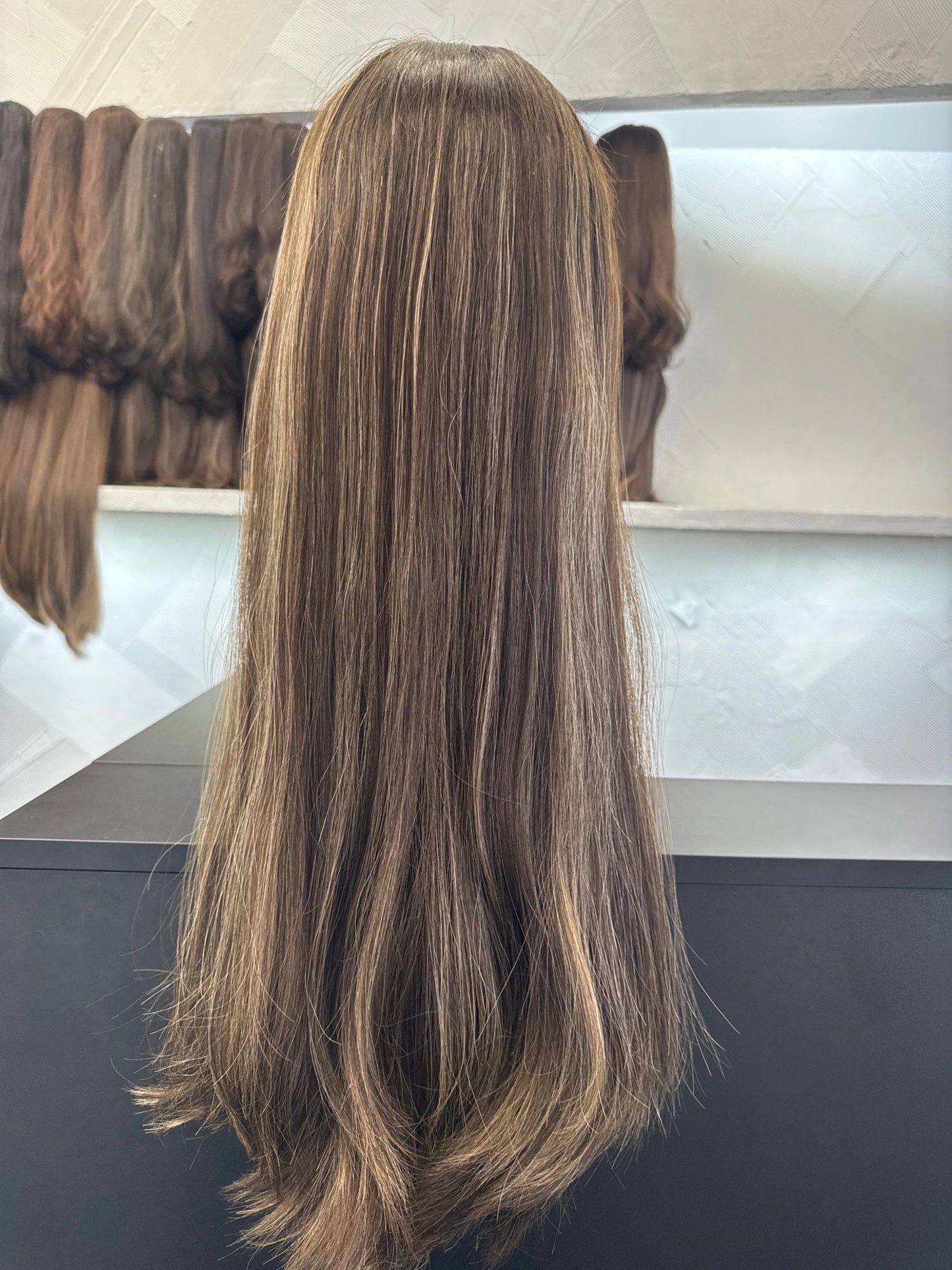 24" Human Hair Lace Top Wig | Dark Brown + Chestnut Brown + Golden Blonde | Medium Cap | Straight Human Hair Lace Top Wig | Tallie Wigs Los Angeles