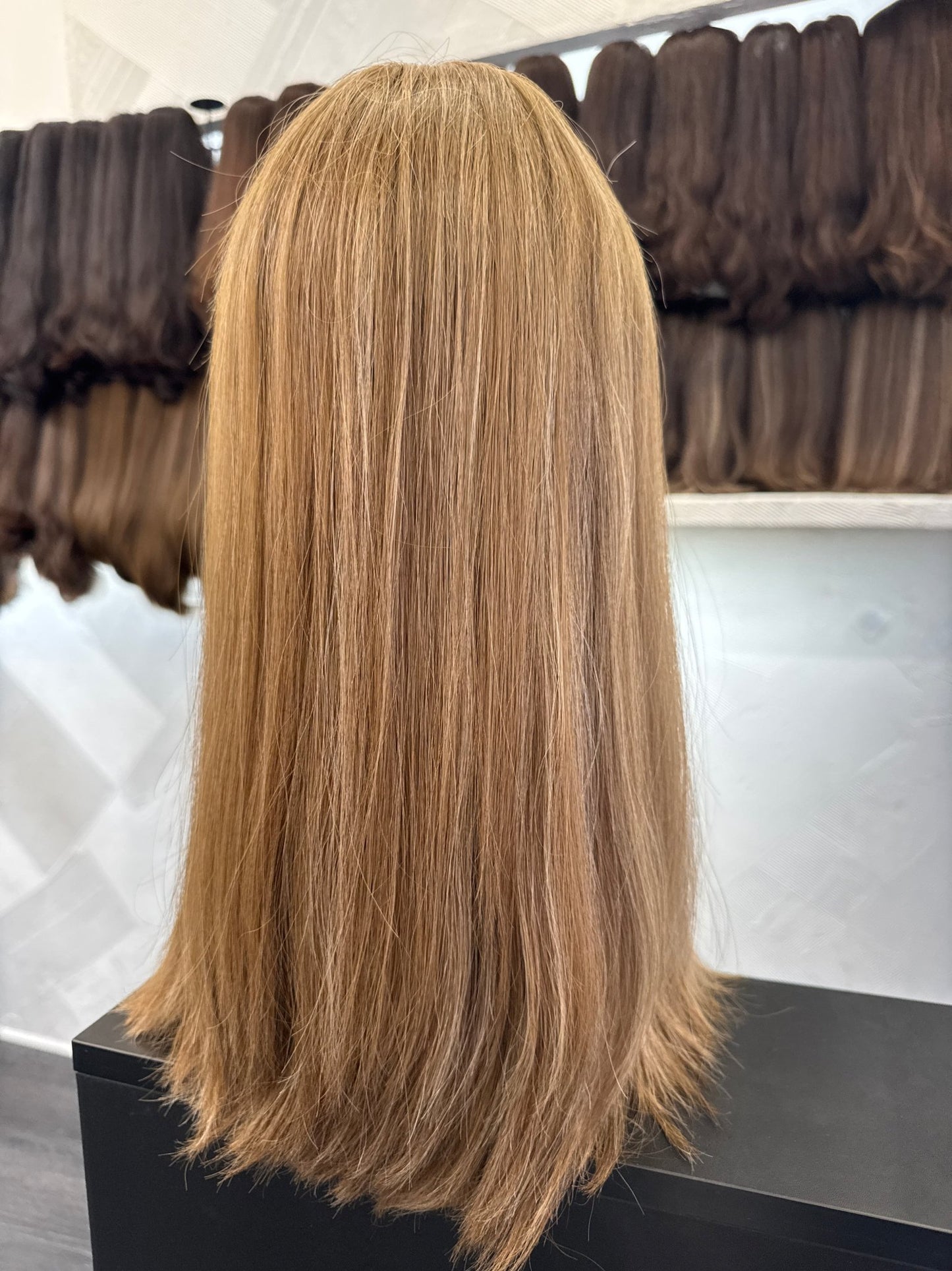 Blonde Brown & Golden Blonde Lace Top Wig, 18 Inch | Straight, Medium Cap Human Hair Lace Top Wig | Tallie Wigs Los Angeles