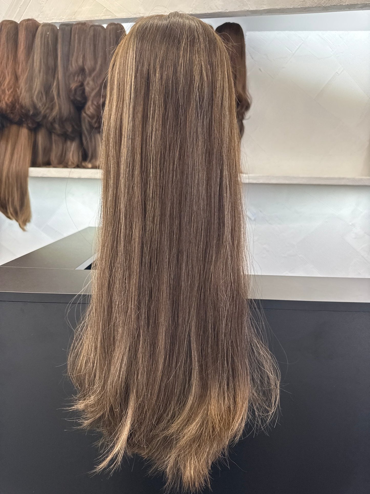 Dark Brown, Chestnut Brown & Golden Blonde Lace Top Wig, 26 Inch | Straight, Medium Cap Human Hair Lace Top Wig | Tallie Wigs Los Angeles