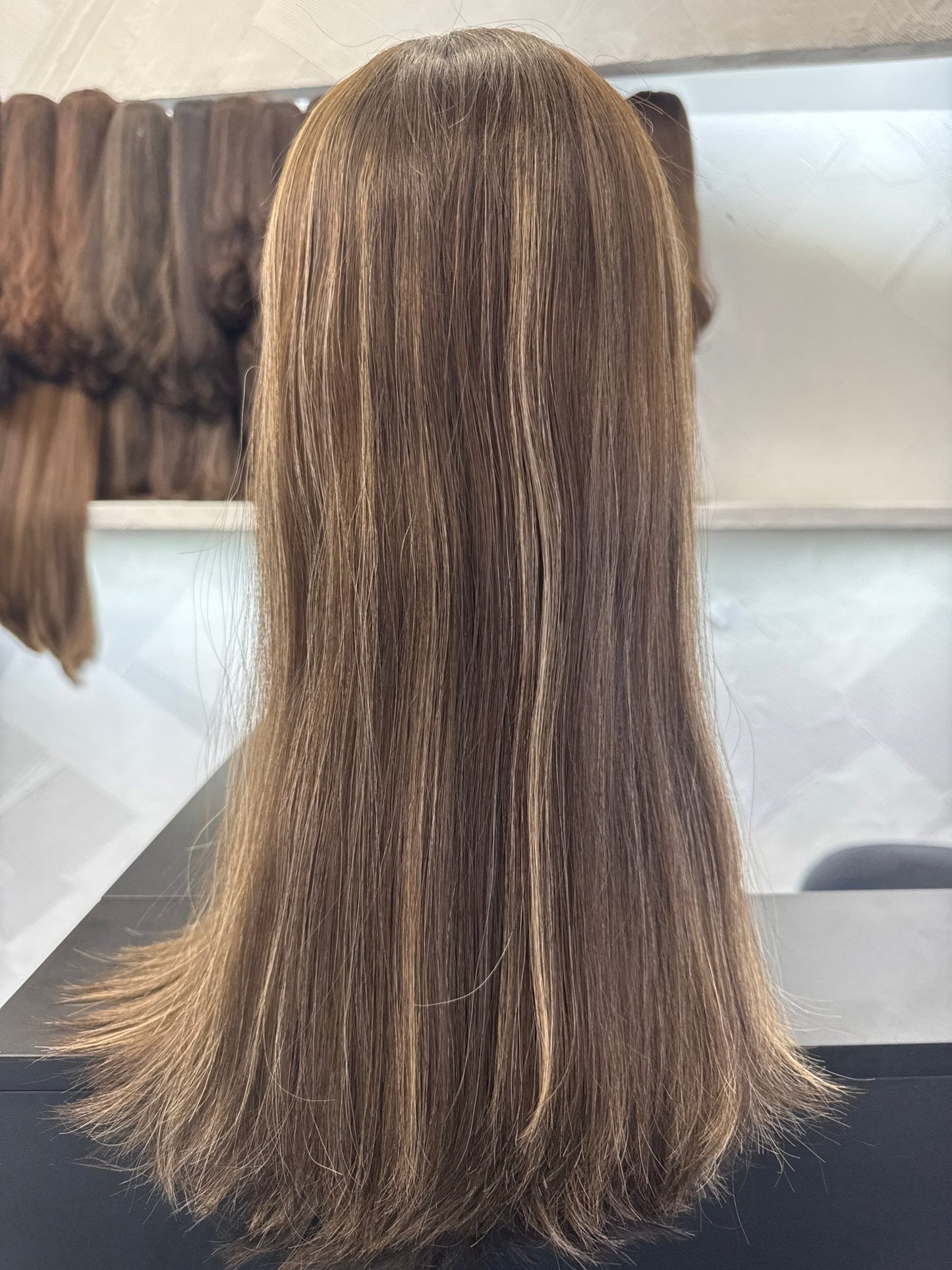 Dark Brown, Chestnut Brown & Golden Blonde Lace Top Wig, 20 Inch | Straight, Medium Cap Human Hair Lace Top Wig | Tallie Wigs Los Angeles