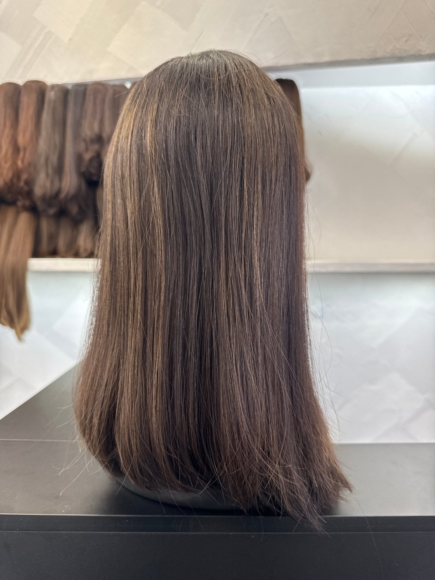 16" Human Hair Lace Top Wig | Jet Black + Dark Brown + Medium Blonde Brown | Medium Cap | Straight Human Hair Lace Top Wig | Tallie Wigs Los Angeles