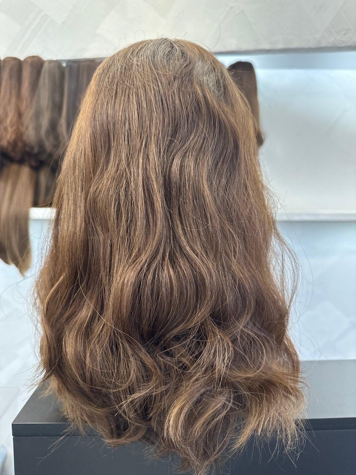 Medium Brown & Medium Blonde Brown Lace Top Wig, 18 Inch | Slightly Wavy, Medium Cap Human Hair Lace Top Wig | Tallie Wigs Los Angeles