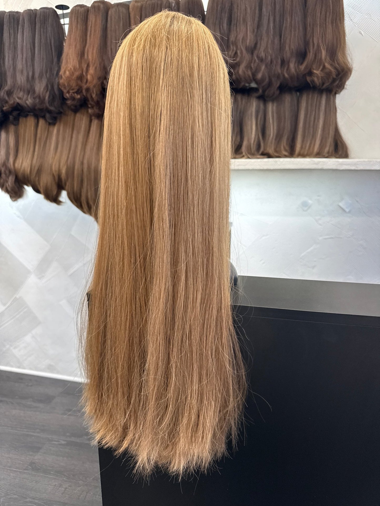 27" Human Hair Lace Top Wig | Medium Blonde Brown + Light Golden Brown + Light Ash Blonde | Medium Cap | Straight Human Hair Lace Top Wig | Tallie Wigs Los Angeles