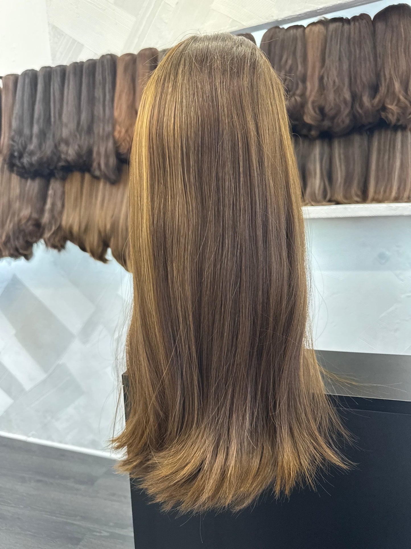 Chestnut Brown & Light Brown Lace Top Wig, 22 Inch | Straight, Medium Cap Human Hair Lace Top Wig | Tallie Wigs Los Angeles