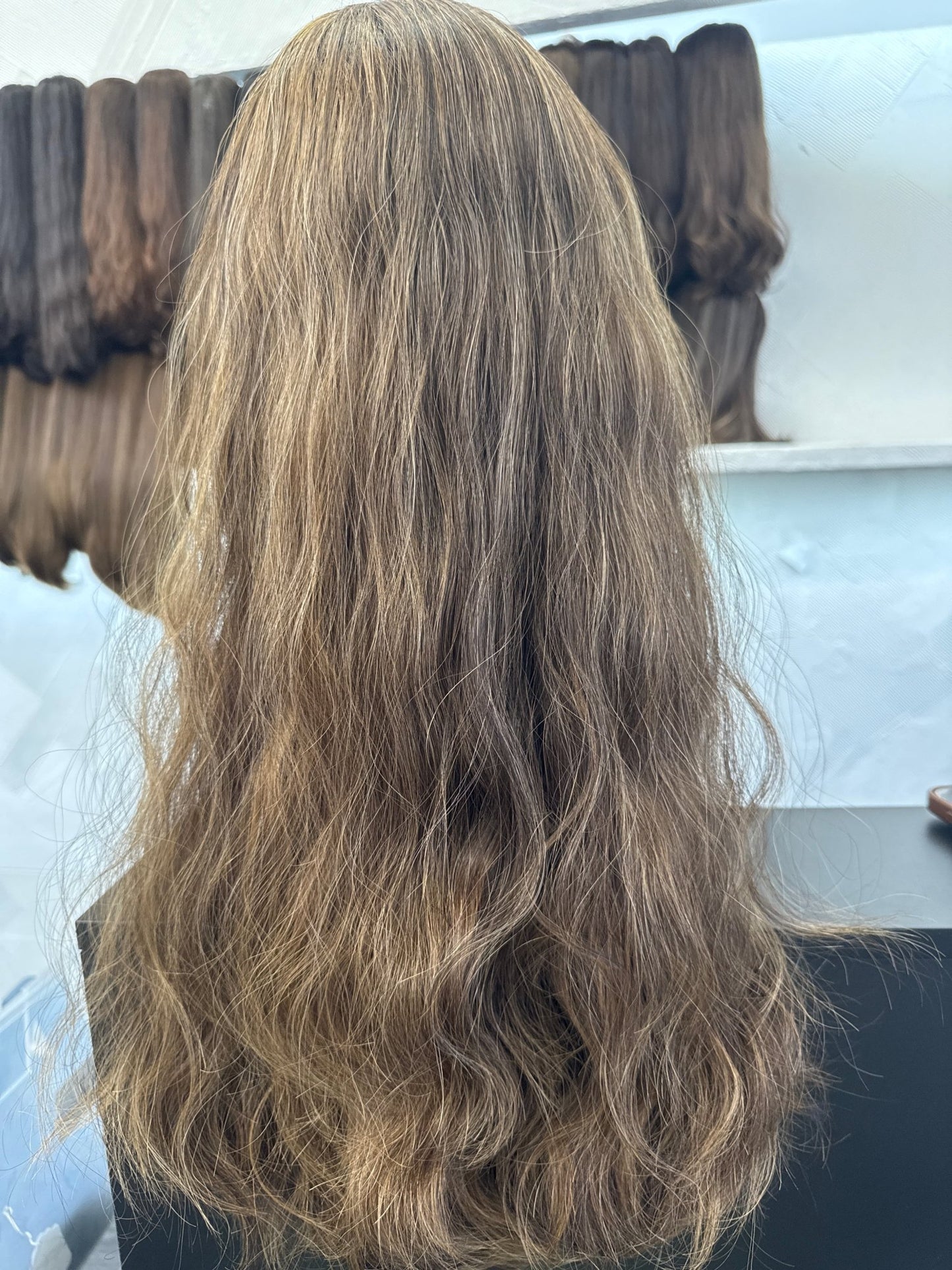 24" Human Hair Band Fall Wig | Medium Brown and Golden Blonde | Large Cap | Wavy | Slight Layers Human Hair | Tallie Wigs Los Angeles