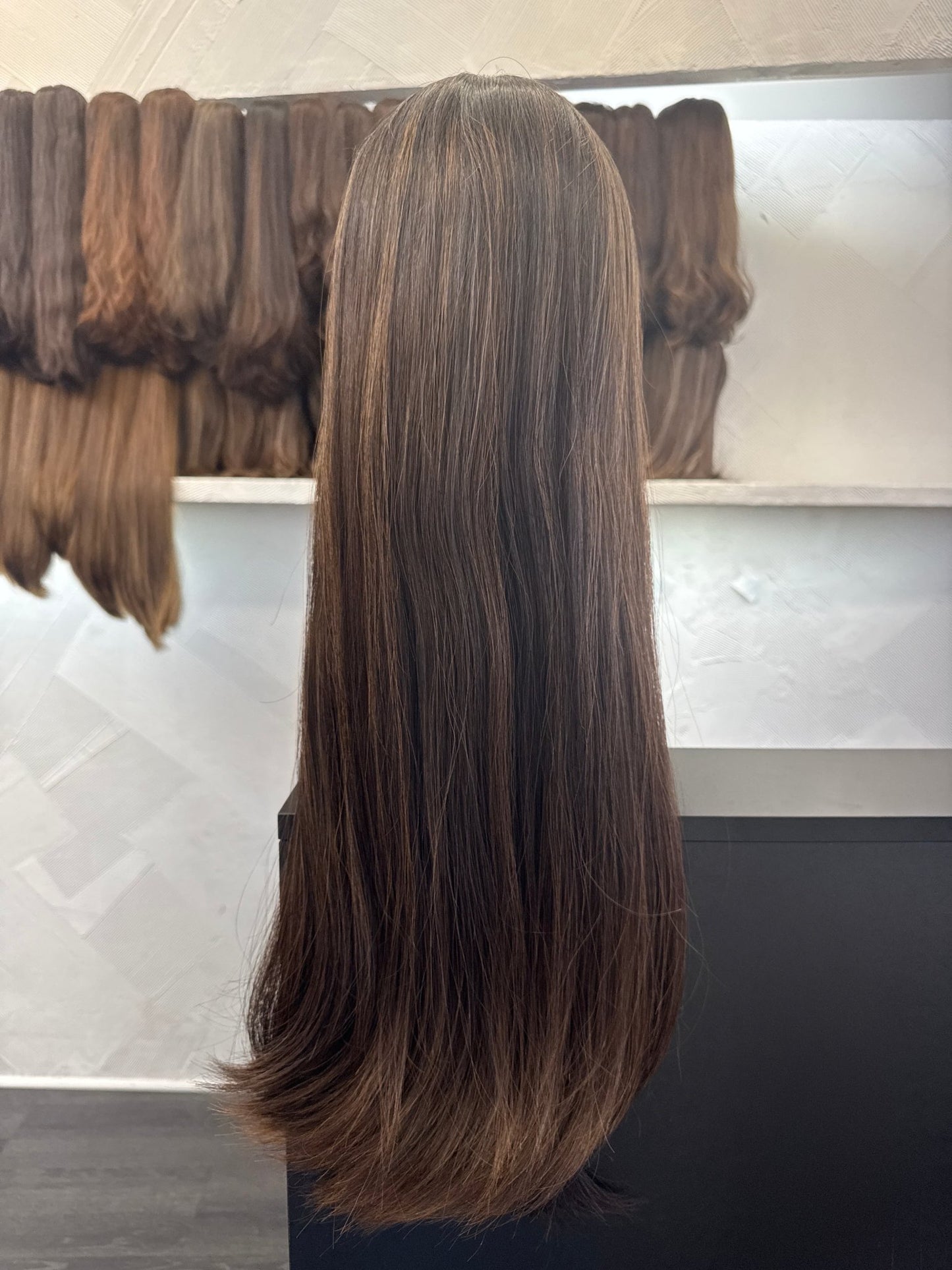 26" Human Hair Lace Top Wig | Dark Brown + Medium Blonde Brown | Medium Cap | Straight Human Hair Lace Top Wig | Tallie Wigs Los Angeles