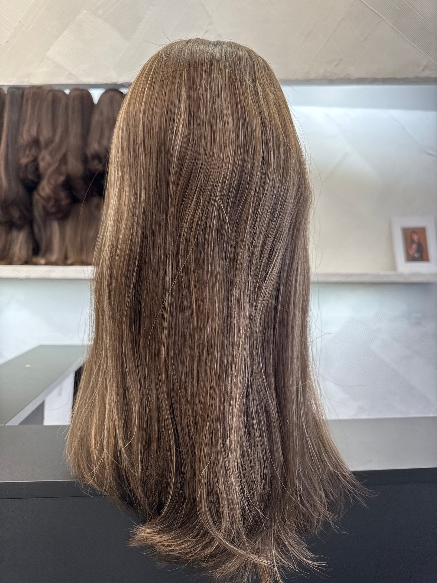 20" Human Hair Lace Top Wig | Medium Brown + Dark Blonde Brown + Light Golden Brown | Medium Cap | Straight Human Hair Lace Top Wig | Tallie Wigs Los Angeles