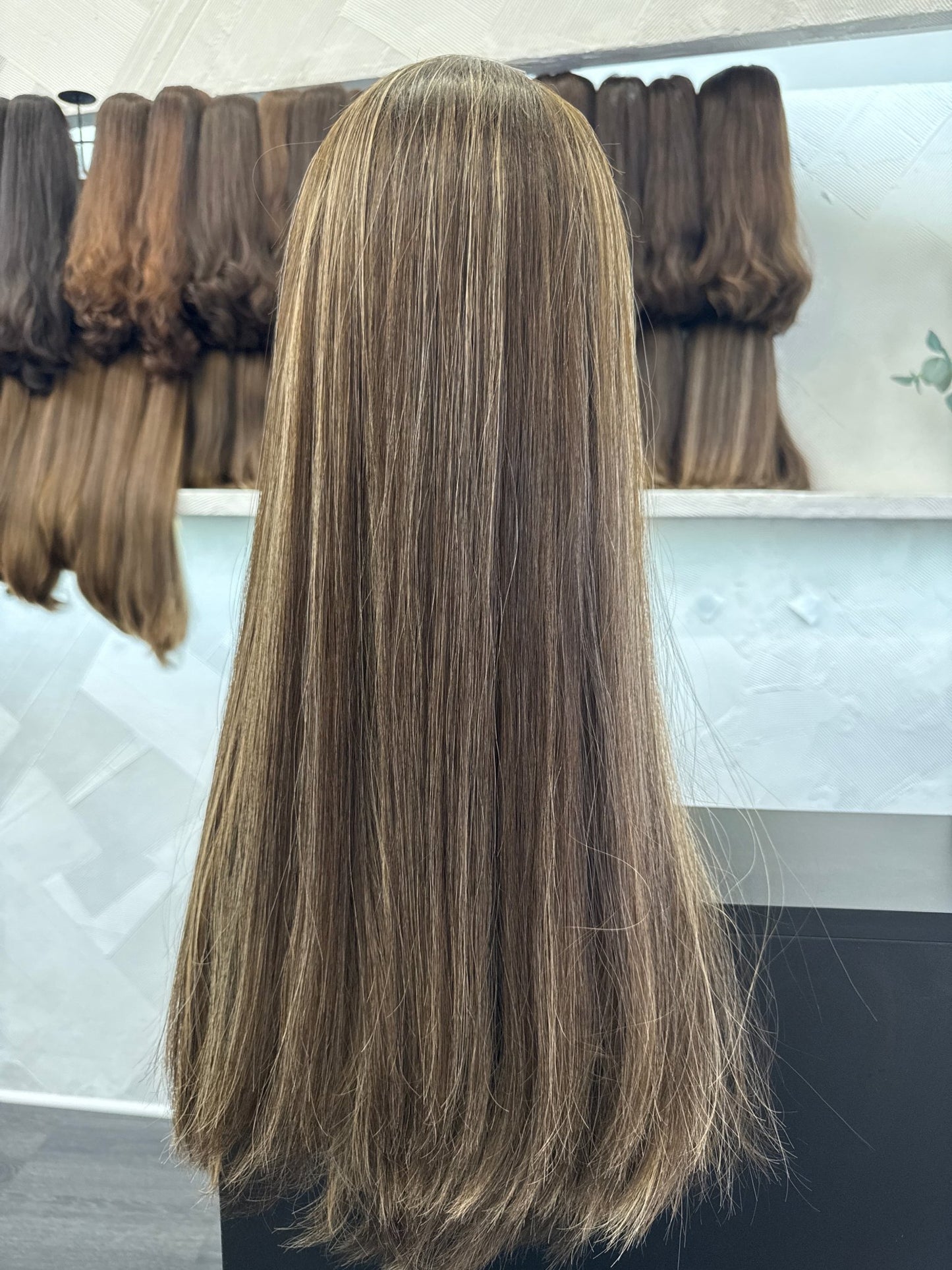 Dark Brown, Chestnut & Golden Blonde Melt Lace Top Wig, 24 Inch | Straight, Medium Cap Human Hair Lace Top Wig | Tallie Wigs Los Angeles