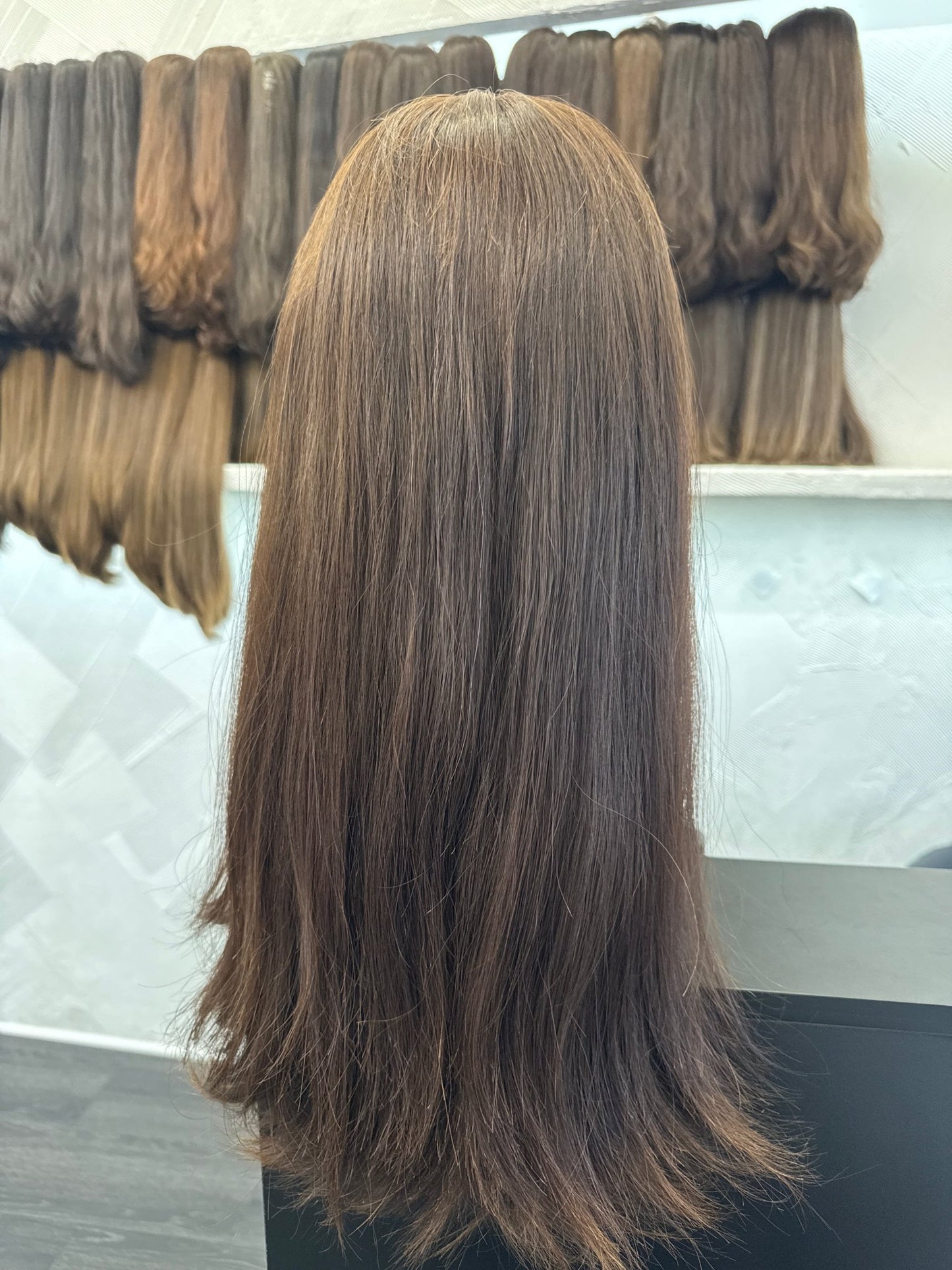 24" Human Hair Band Fall Wig | Medium Brown and Golden Blonde | Large Cap | Wavy | Slight Layers Human Hair | Tallie Wigs Los Angeles