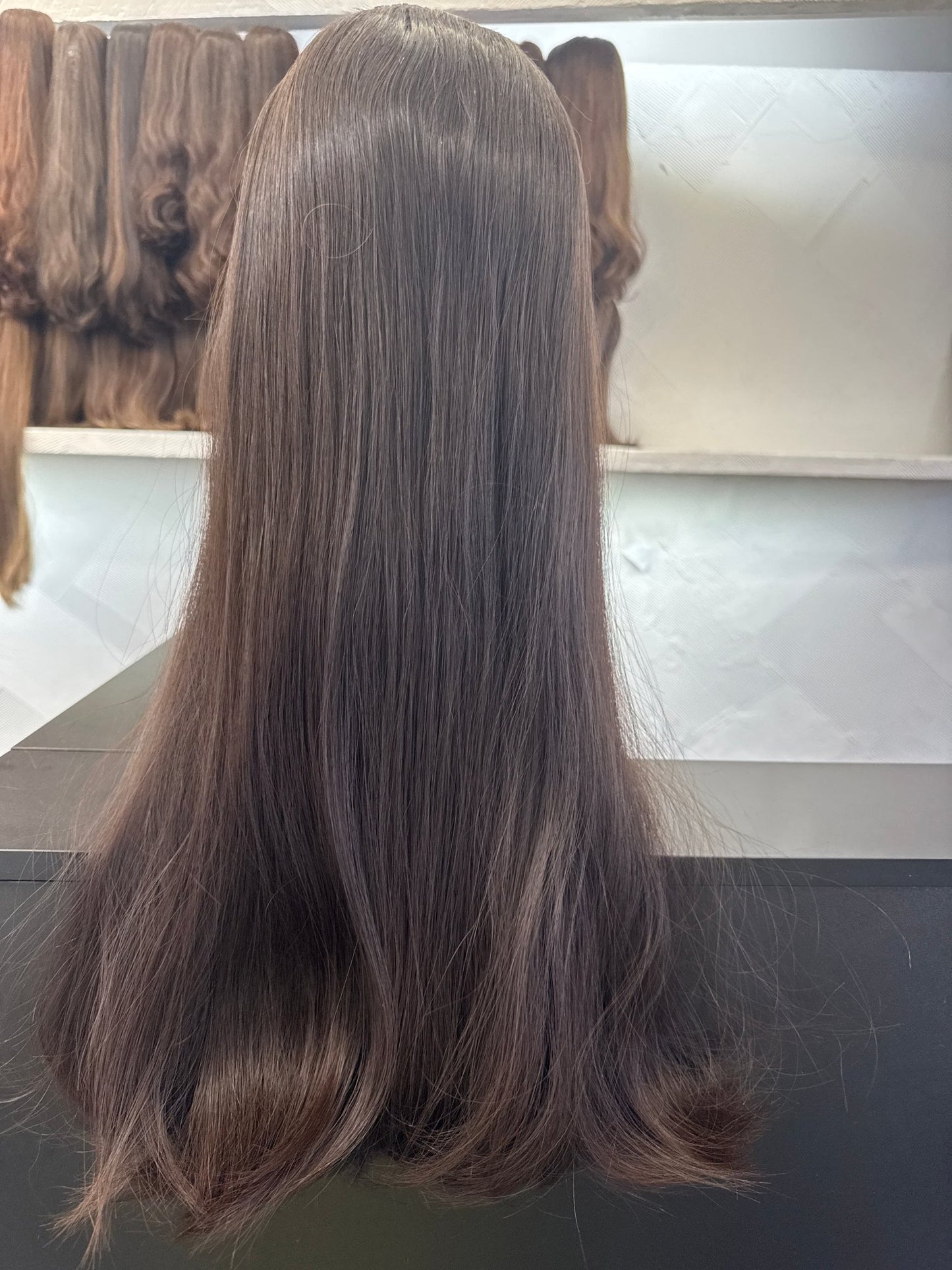 Dark Brown Hat Fall, 24 Inch | Straight Human Hair, Medium Cap Human Hair Hat Fall Wig | Tallie Wigs Los Angeles