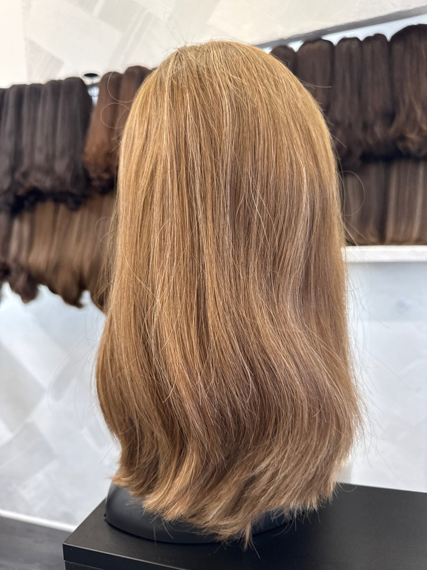 16" Human Hair Lace Top Wig | Medium Blonde Brown + Golden Blonde | Medium Cap | Straight Human Hair Lace Top Wig | Tallie Wigs Los Angeles