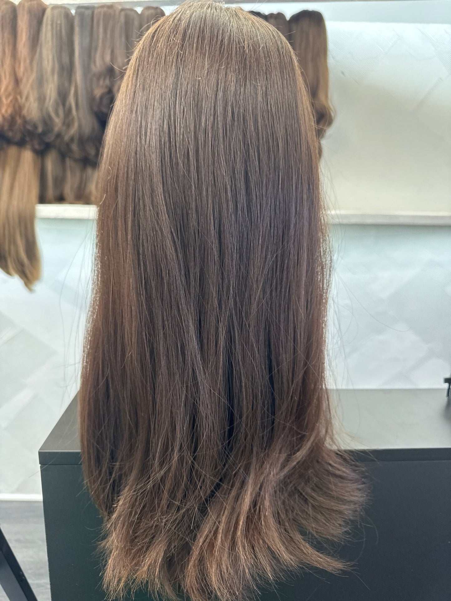 Chestnut Brown Lace Top Wig, 24 Inch | Straight, Large Cap Human Hair Lace Top Wig | Tallie Wigs Los Angeles