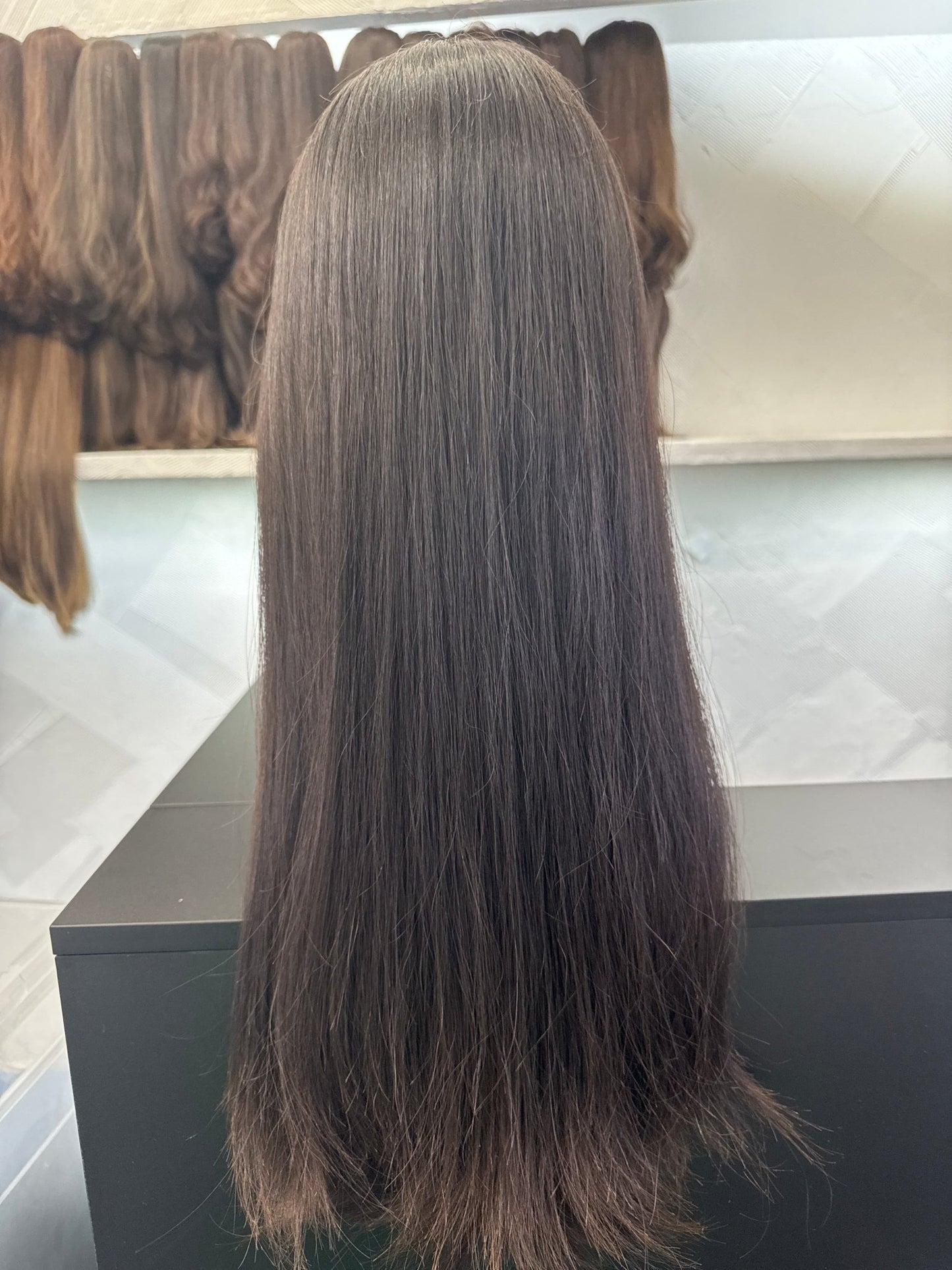 26" Human Hair Lace Top Wig | Dark Brown | Medium Cap | Straight Human Hair Lace Top Wig | Tallie Wigs Los Angeles