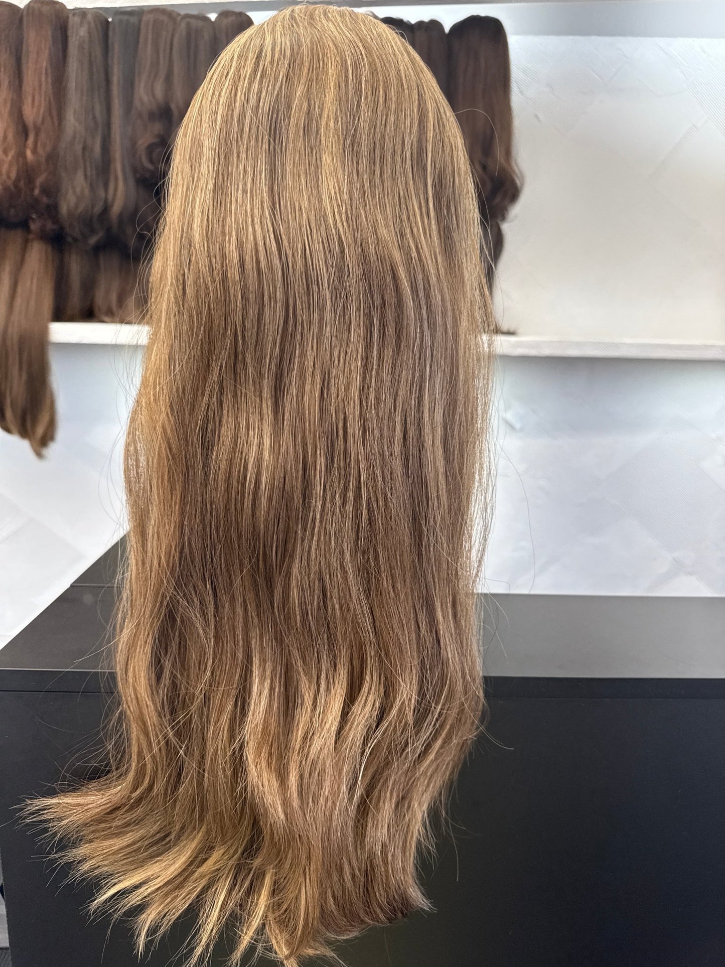 24" Human Hair Band Fall Wig | Medium Blonde Brown + Golden Blonde | Large Cap | Wavy Human Hair Band Fall Wig | Tallie Wigs Los Angeles