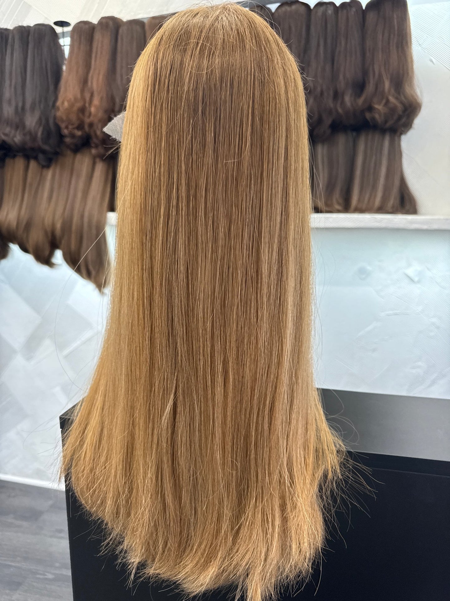 22" Human Hair Lace Top Wig | Medium Blonde Brown + Light Brown | Medium Cap | Straight Human Hair Lace Top Wig | Tallie Wigs Los Angeles