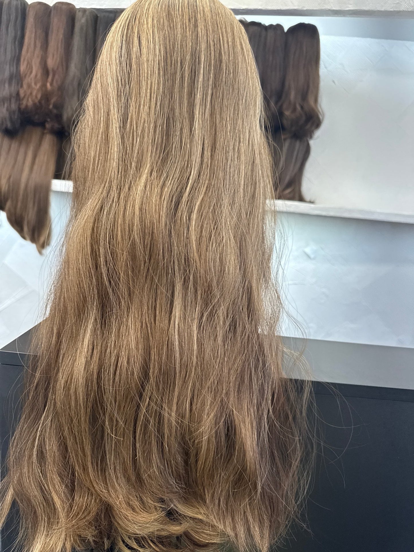 27" Human Hair Band Fall Wig | Medium Blonde Brown + Golden Blonde | Large Cap | Wavy Human Hair Band Fall Wig | Tallie Wigs Los Angeles