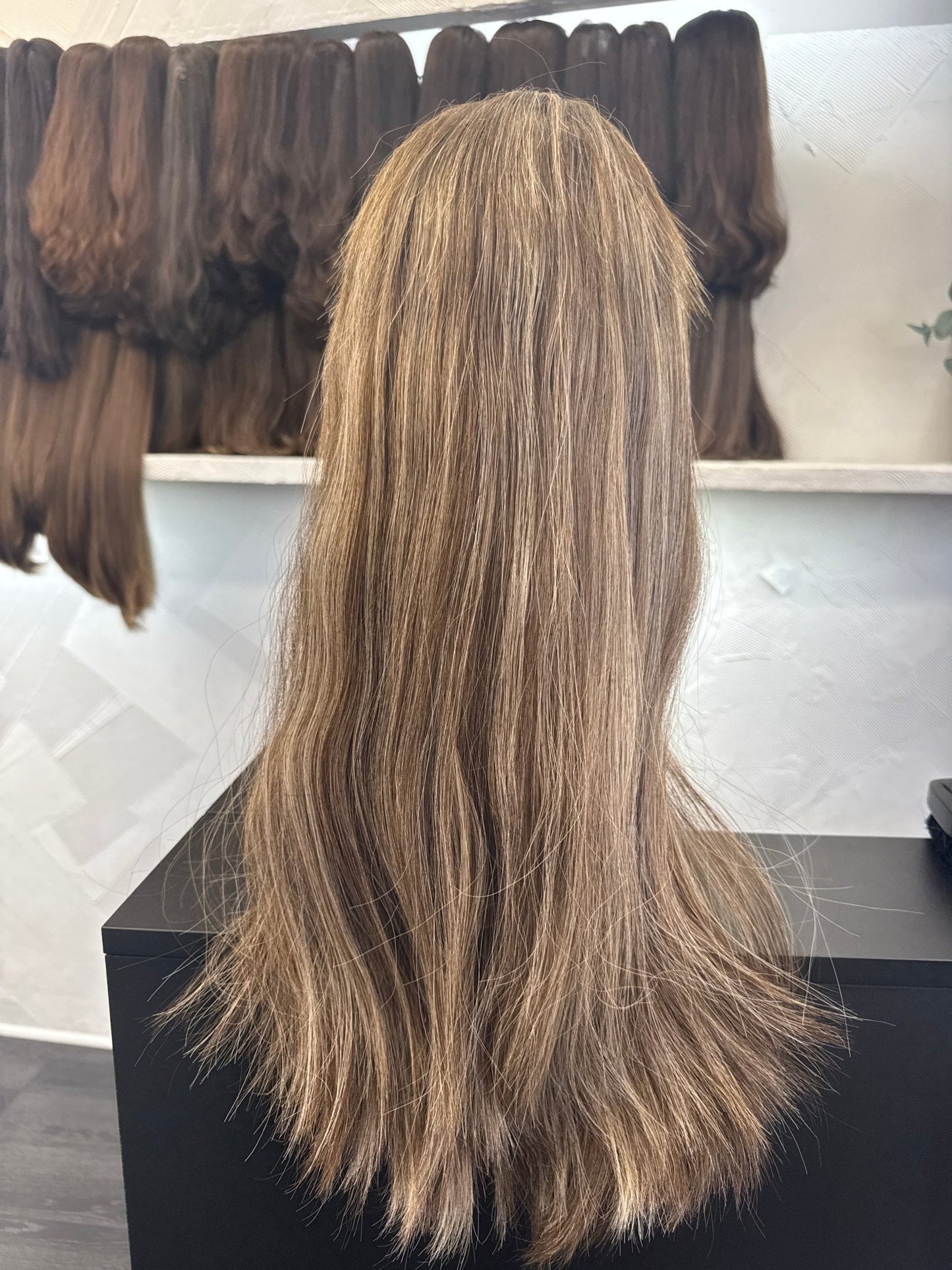22" Human Hair Lace Top Wig | Chestnut Brown + Light Golden Brown + Butter Blonde | Medium Cap | Straight Human Hair Lace Top Wig | Tallie Wigs Los Angeles