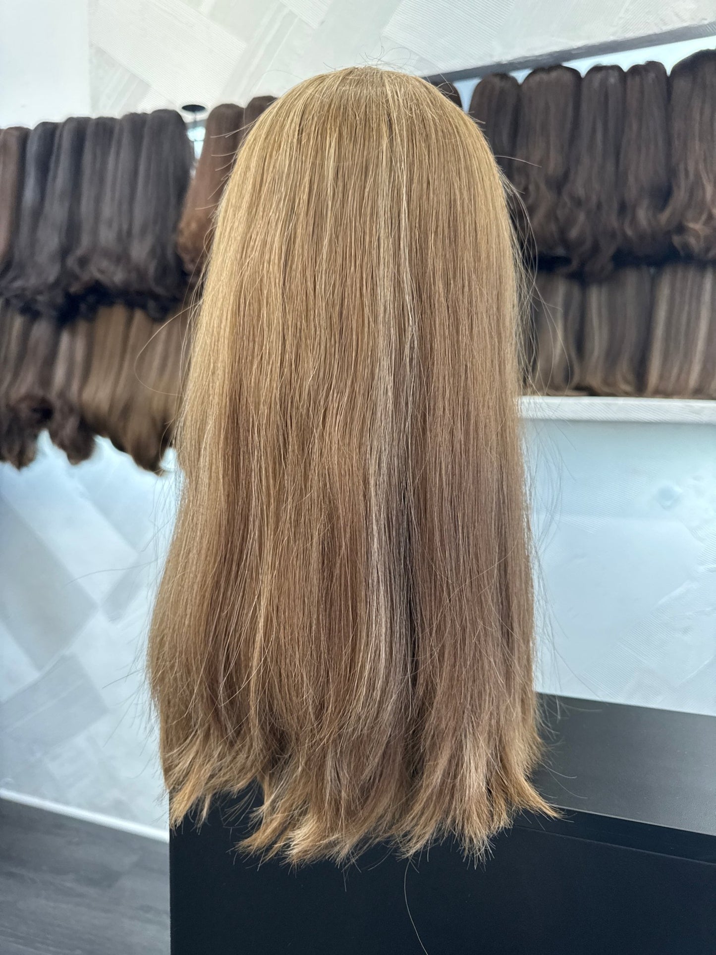 18" Human Hair Lace Top Wig | Medium Blonde Brown + Golden Blonde | Medium Cap | Straight Human Hair Lace Top Wig | Tallie Wigs Los Angeles