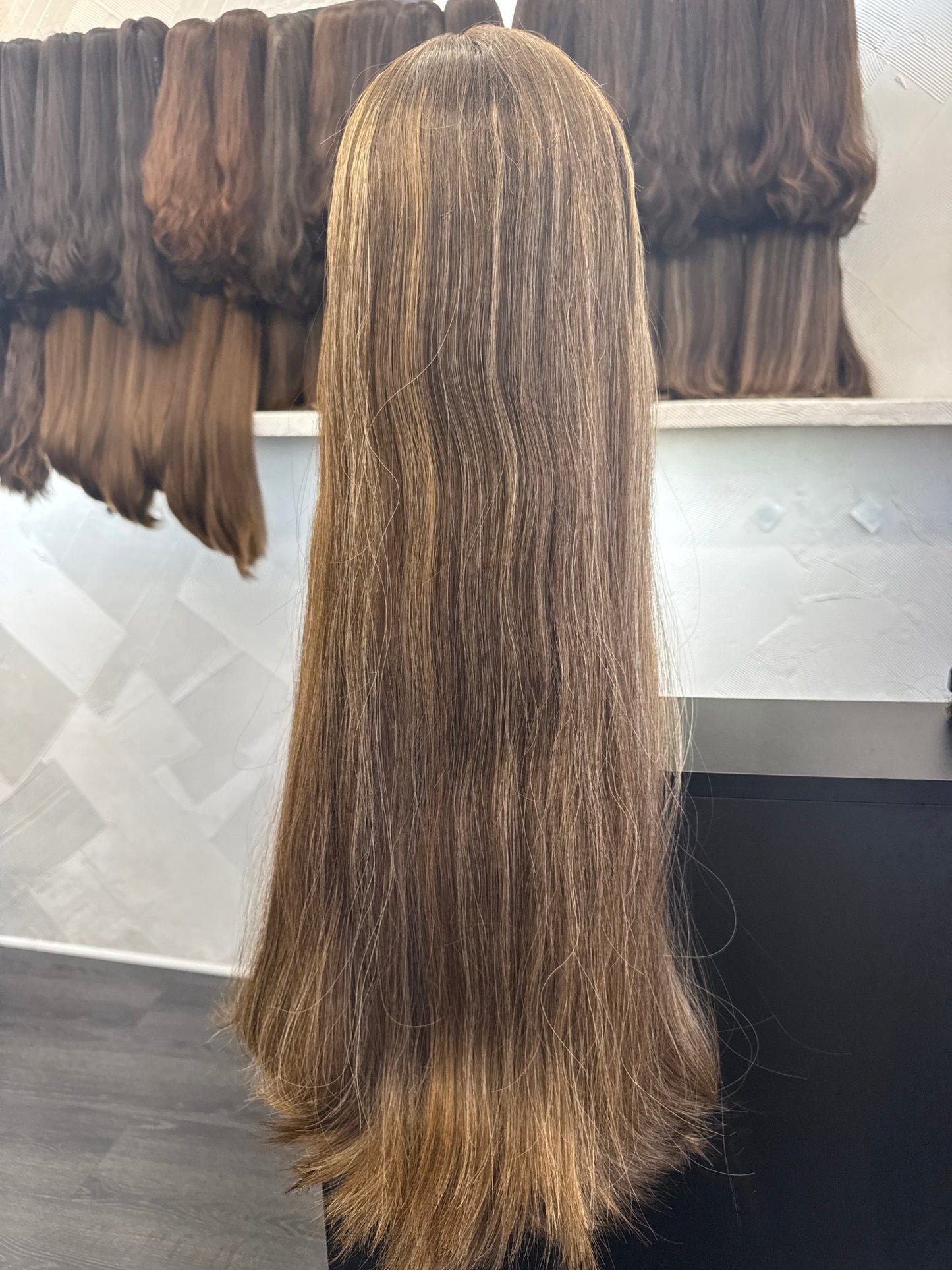 Chestnut Brown, Light Brown & Light Ash Blonde Lace Top Wig, 28 Inch | Straight, Medium Cap Human Hair Lace Top Wig | Tallie Wigs Los Angeles