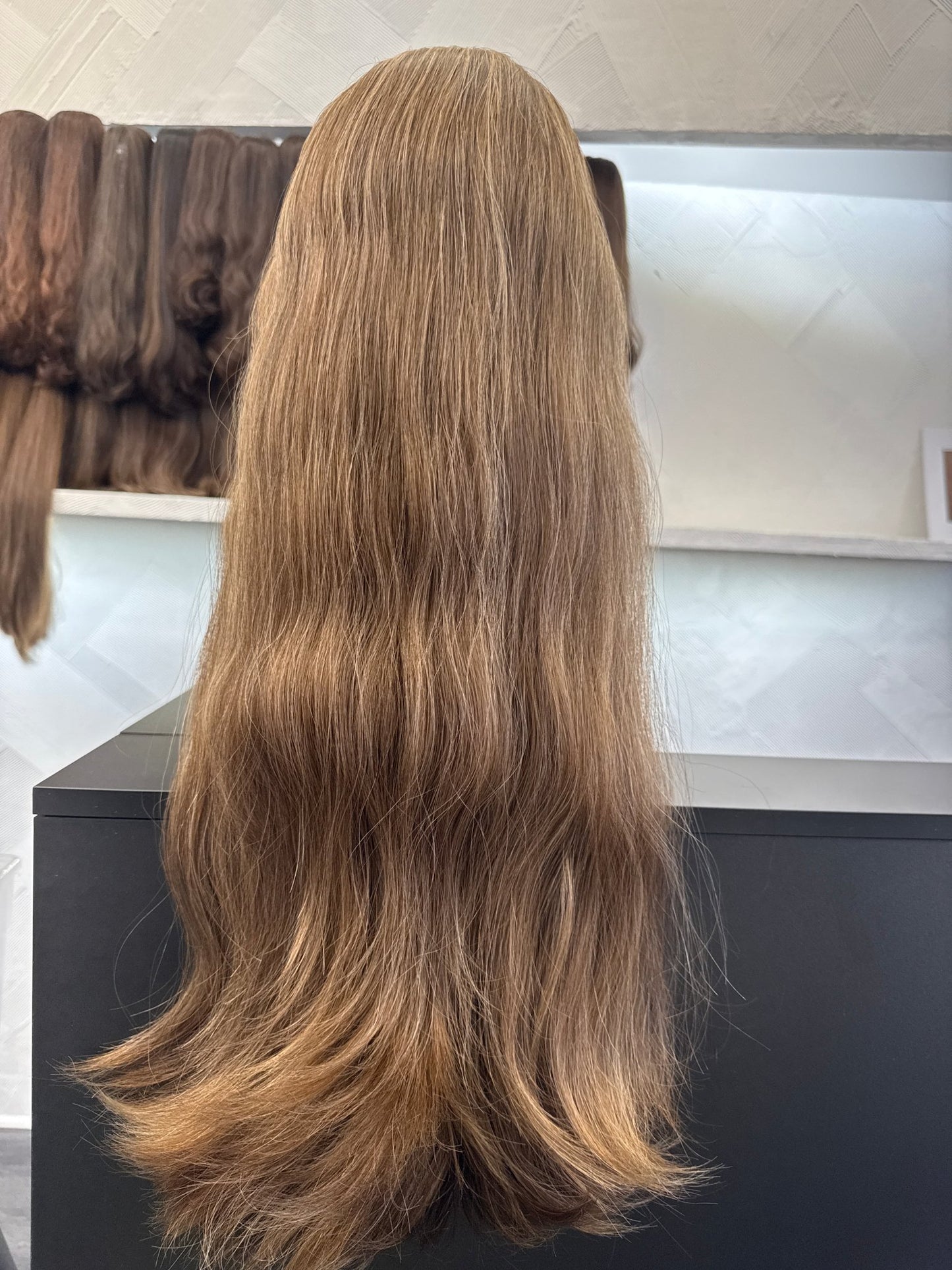 27" Human Hair Band Fall Wig | Medium Blonde Brown + Golden Blonde | Medium Cap | Slightly Wavy Human Hair Band Fall Wig | Tallie Wigs Los Angeles