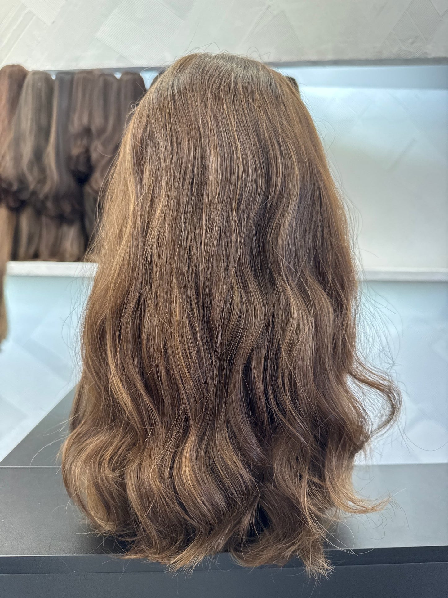 18" Human Hair Lace Top Wig | Medium Brown + Medium Blonde Brown | Large Cap | Wavy Human Hair Lace Top Wig | Tallie Wigs Los Angeles