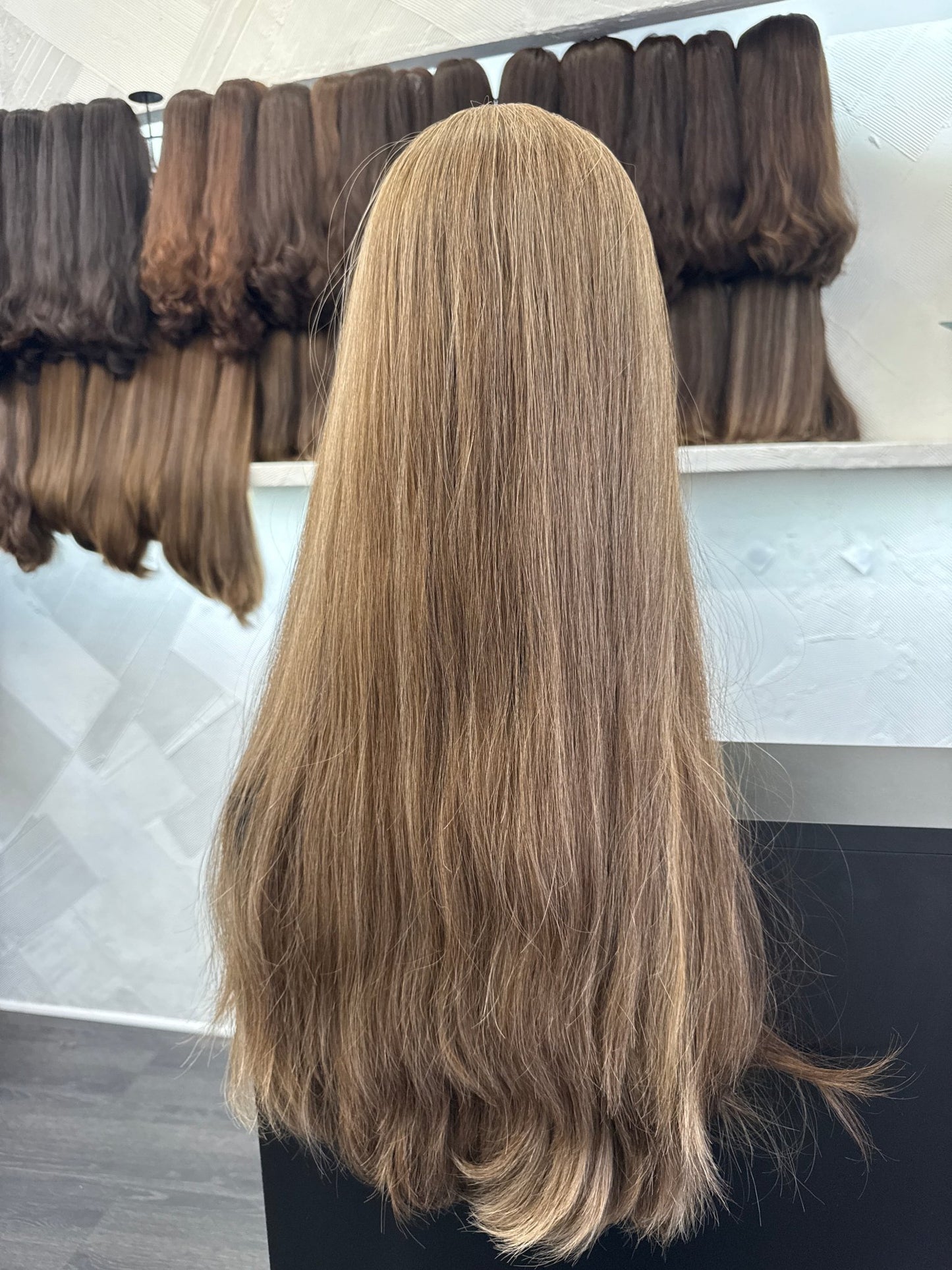 27" Human Hair Lace Top Wig | Medium Blonde Brown + Golden Blonde | Large Cap | Straight Human Hair Lace Top Wig | Tallie Wigs Los Angeles