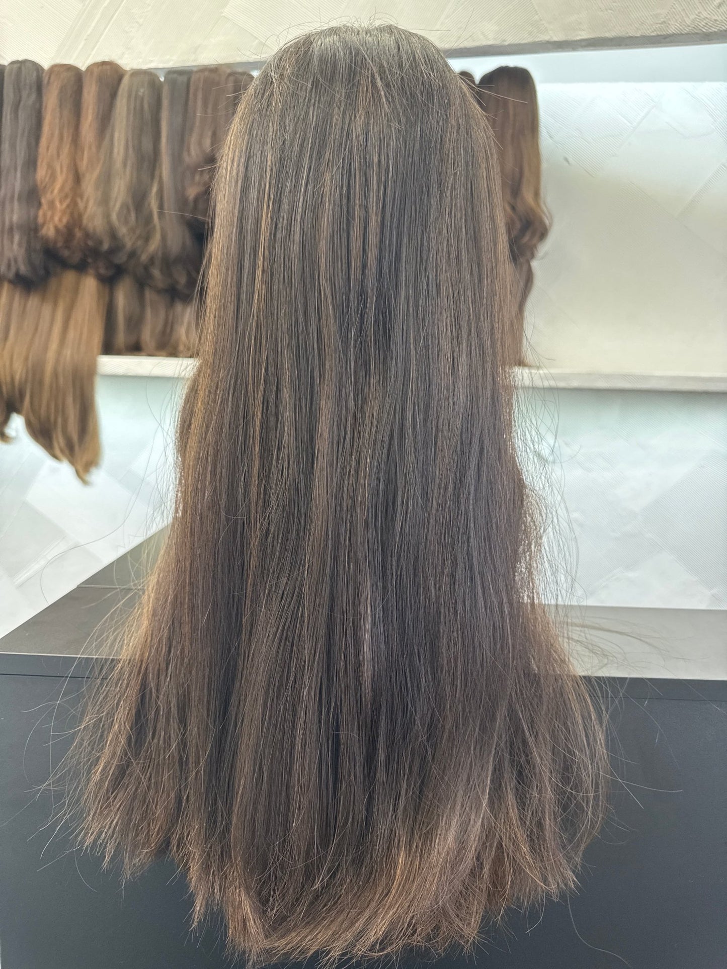 24" Human Hair Lace Top Wig | Dark Brown + Medium Blonde Brown | Medium Cap | Straight Human Hair Lace Top Wig | Tallie Wigs Los Angeles