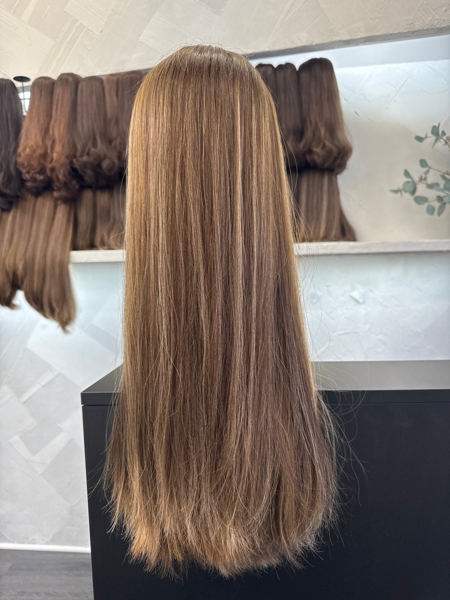 Chestnut, Light Brown & Ash Blonde Lace Top Wig, 24 Inch | Straight, Large Cap Human Hair Lace Top Wig | Tallie Wigs Los Angeles