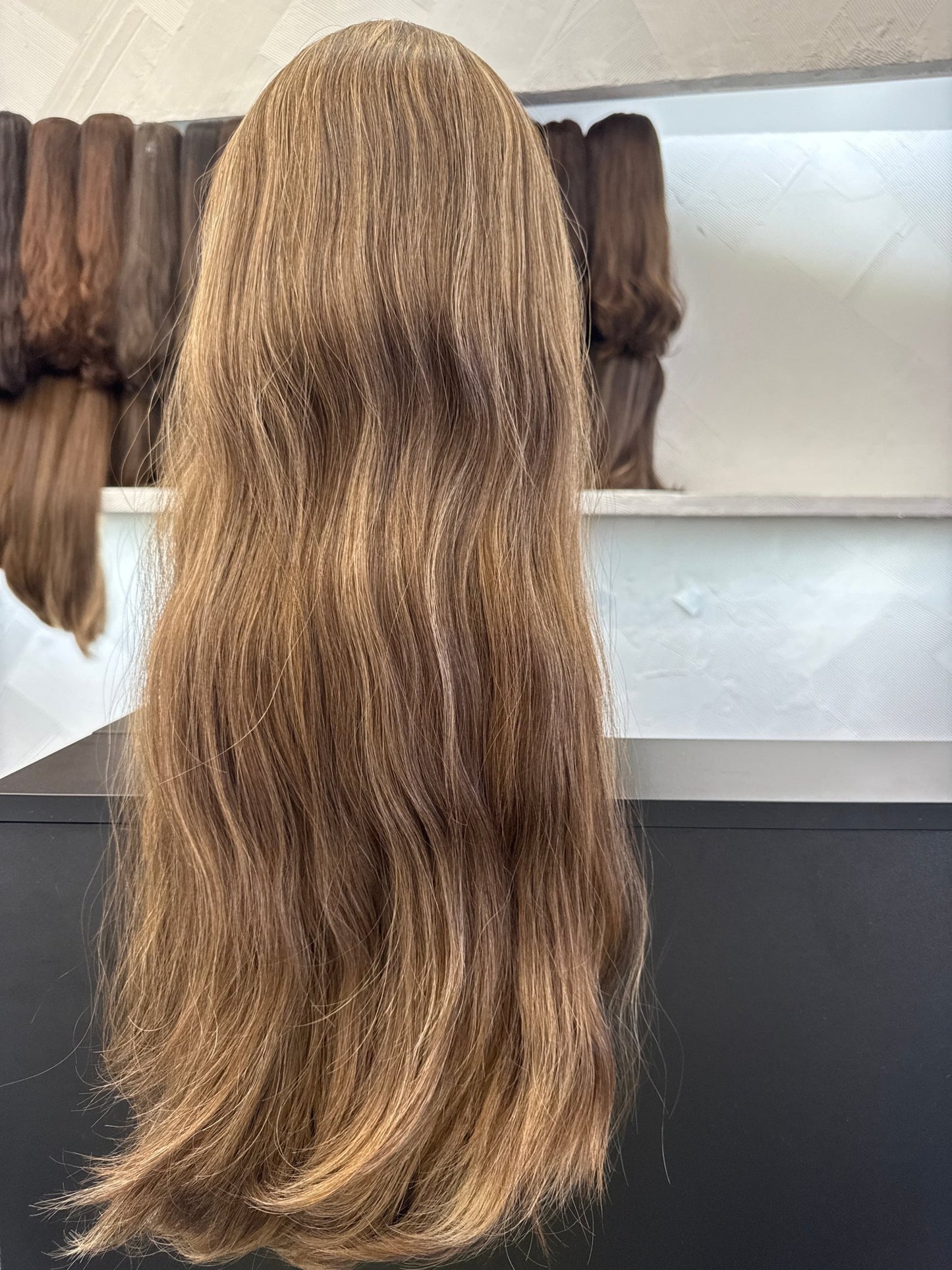 Medium Blonde Brown & Golden Blonde Human Hair Band Fall, 27 Inch | Slightly Wavy, Medium Cap Human Hair Band Fall Wig | Tallie Wigs Los Angeles