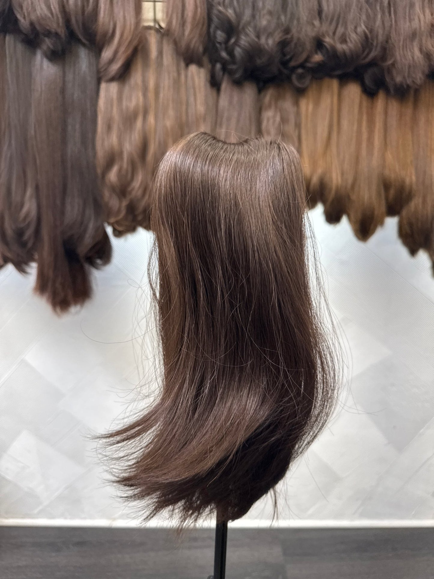 16" Human Hair Pony Wig | Dark Brown | Narrow/Small Cap | Straight Human Hair Pony Wig | Tallie Wigs Los Angeles