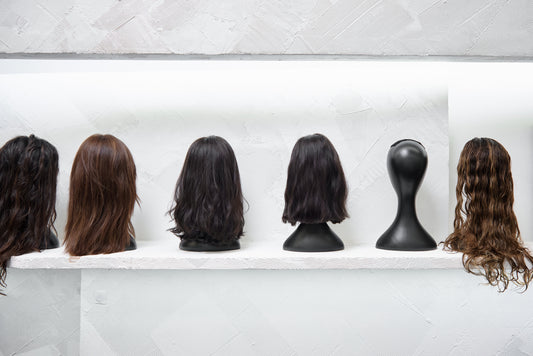 Row of human hair wigs on mannequin stands in the Tallie Wigs shop in Los Angeles